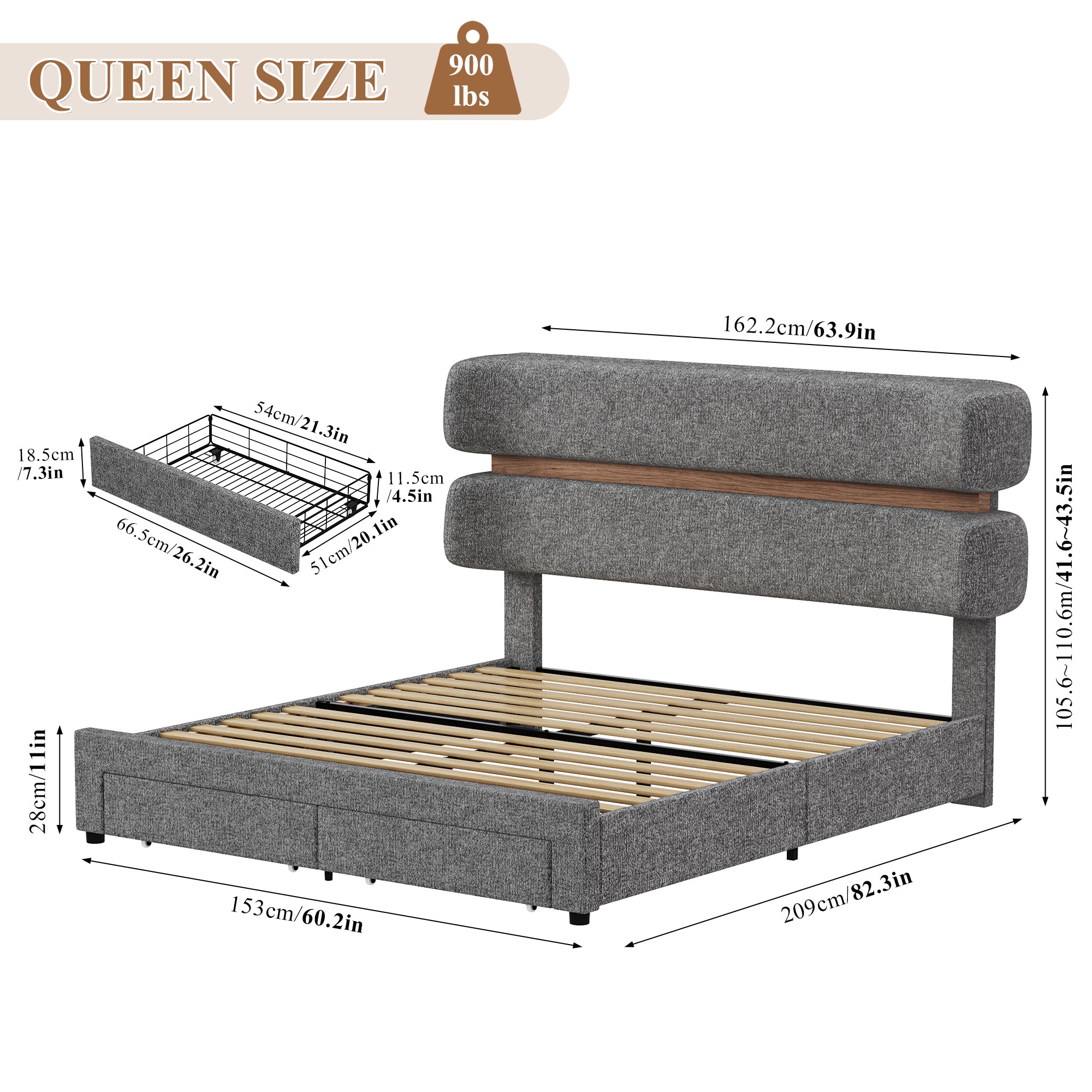 Hiphuta Chenille Queen Bed Frame, Queen Size Upholstered Beds with Storage Drawer and LED, Gray
