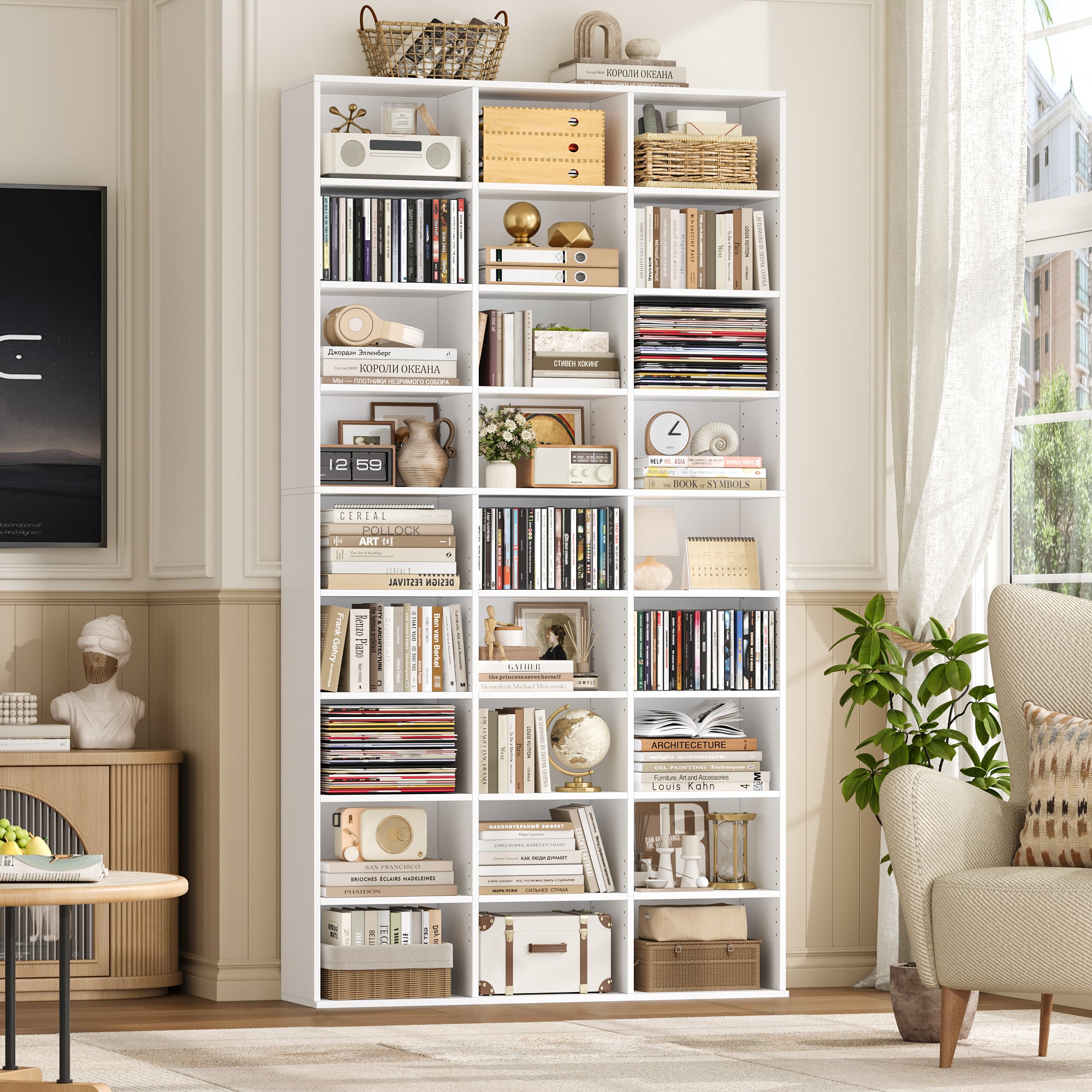 Hiphuta 27-Cube 9-Tier Bookcase, 75" Tall Triple-Wide CD Media Storage Organizer with 15 Adjustable Shelves, Freestanding Display Shelf, White
