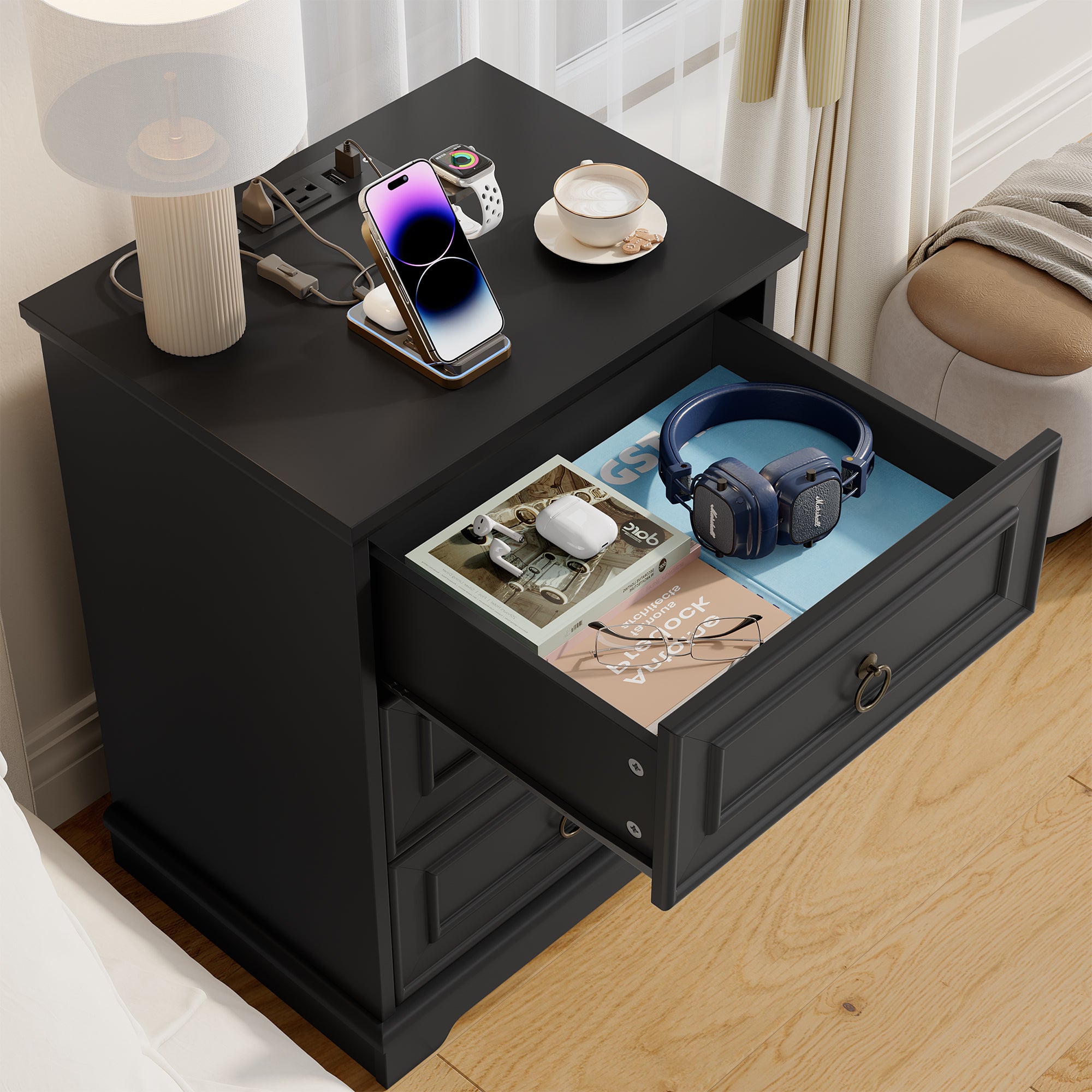 Hiphuta Vintage Nightstand with 3 Large Drawers, Farmhouse Bedroom Bedside Tables with Charging Station, Sofa Tables End Tables for Bedroom and Living Room, Black