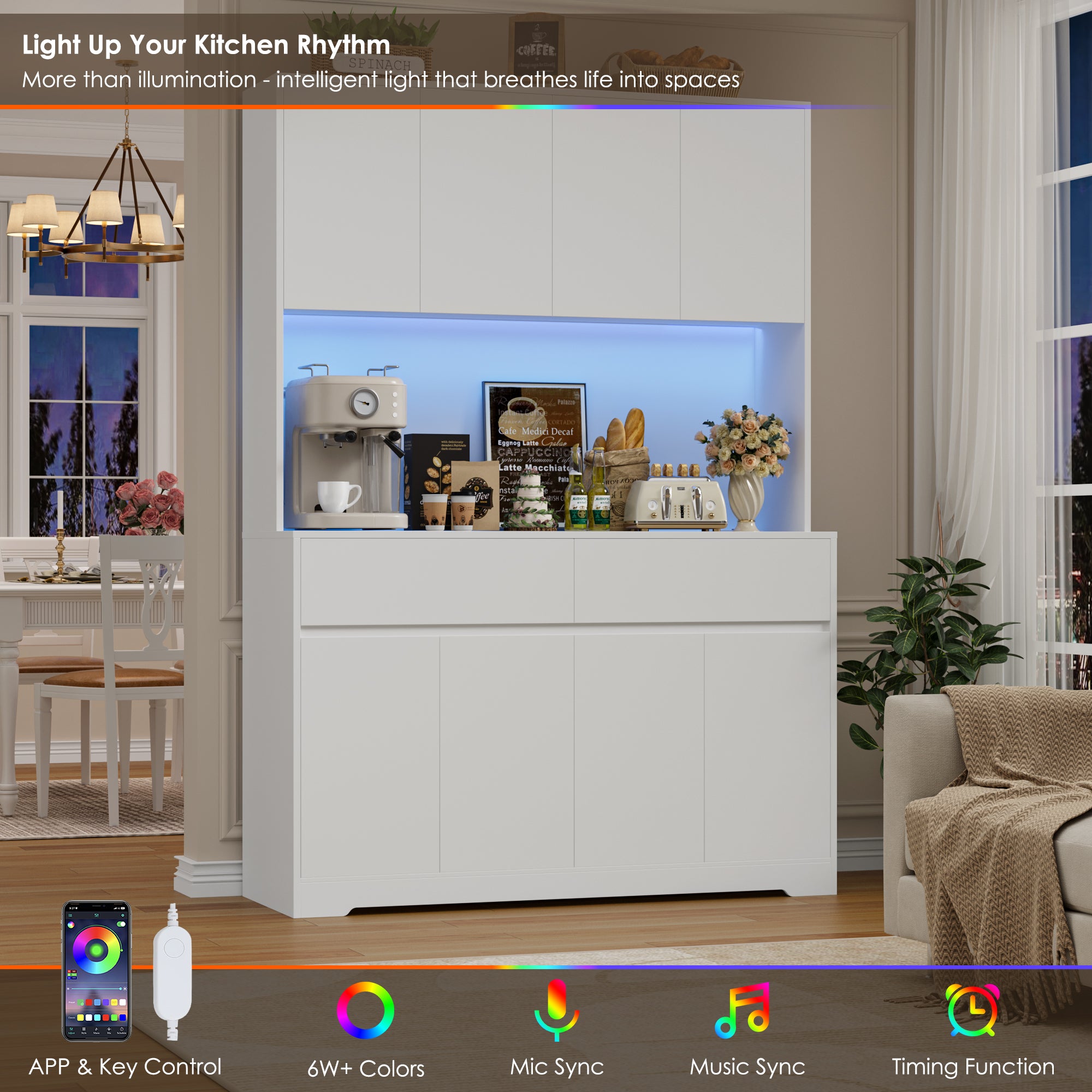 Hiphuta 71"Tall Modern Pantry Cabinet with Charge Station & Led Light, Freestanding Kitchen Hutch Cabinet for Dining Room, White