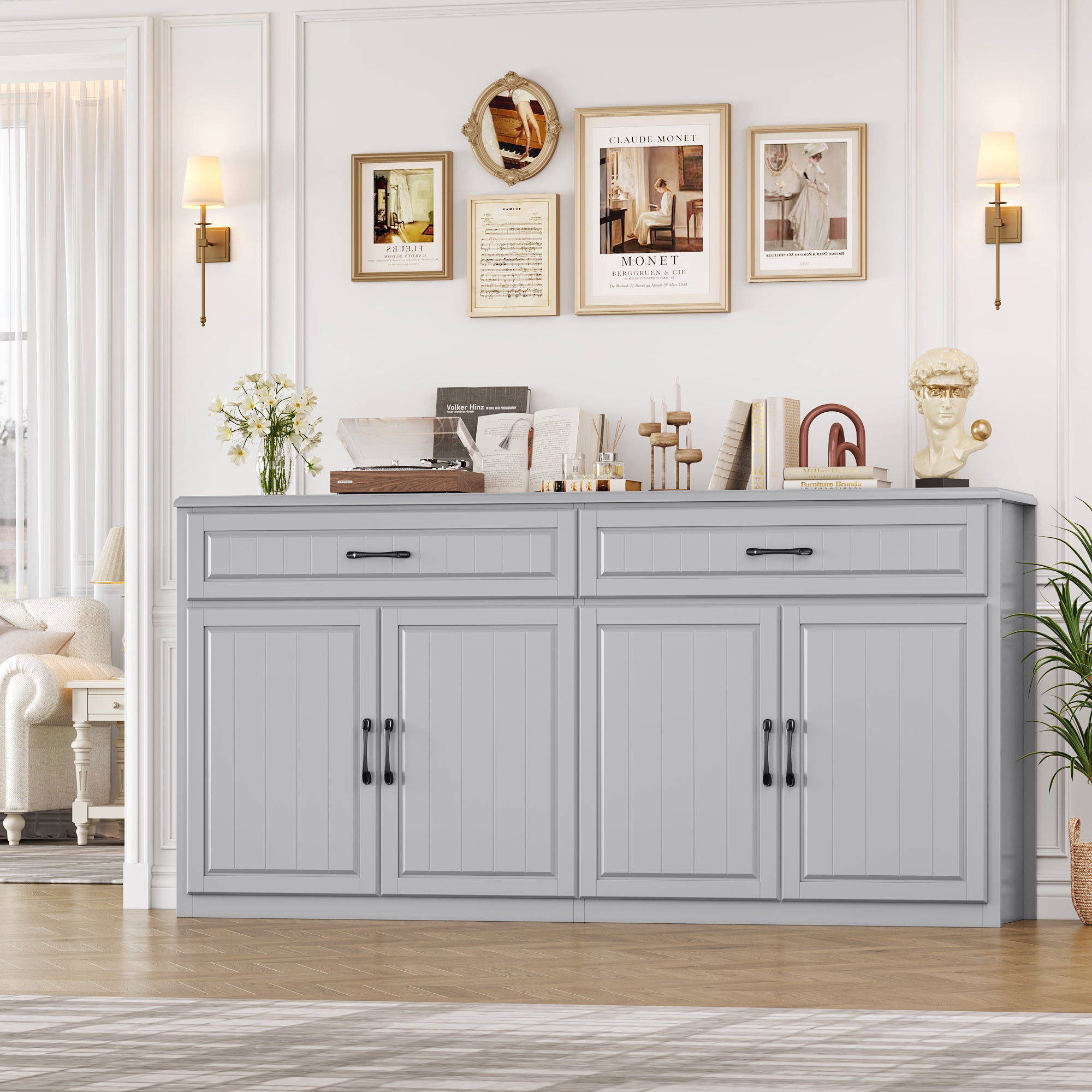 Hiphuta 63"Extended Wide Large Buffet Cabinet with 2 Drawers, Modern Coffee Bar Sideboard with Dusty-proof Base for Living Room and Entryway, Gray