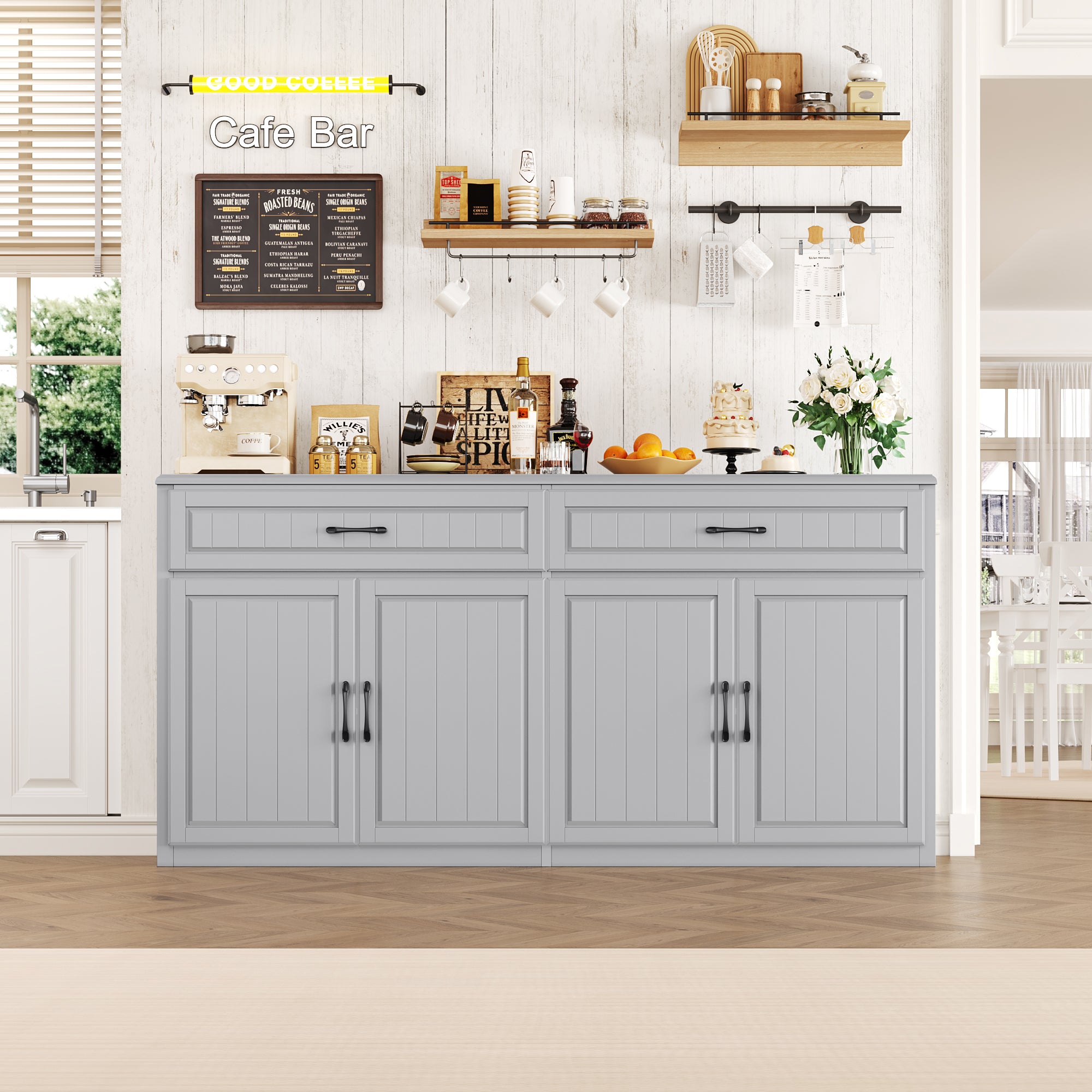 Hiphuta 63"Extended Wide Large Buffet Cabinet with 2 Drawers, Modern Coffee Bar Sideboard with Dusty-proof Base for Living Room and Entryway, Gray