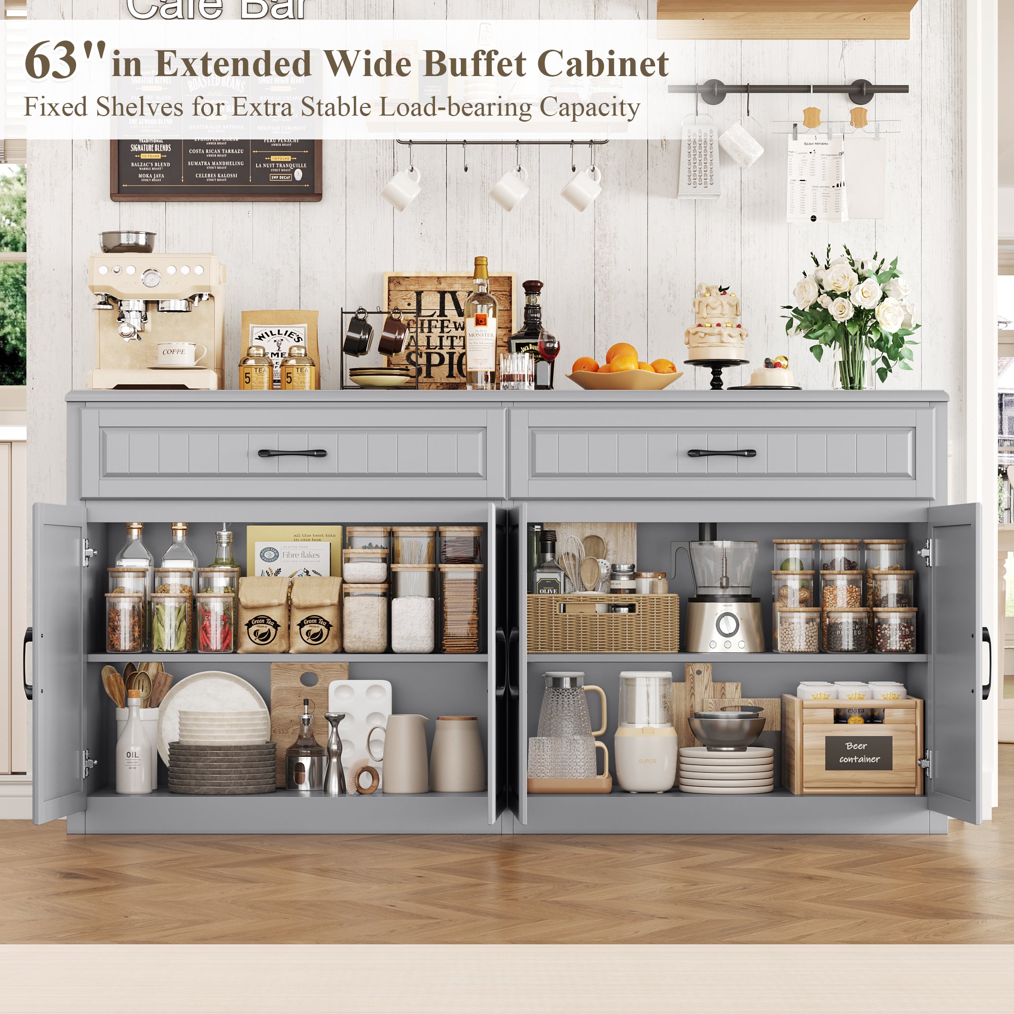 Hiphuta 63"Extended Wide Large Buffet Cabinet with 2 Drawers, Modern Coffee Bar Sideboard with Dusty-proof Base for Living Room and Entryway, Gray