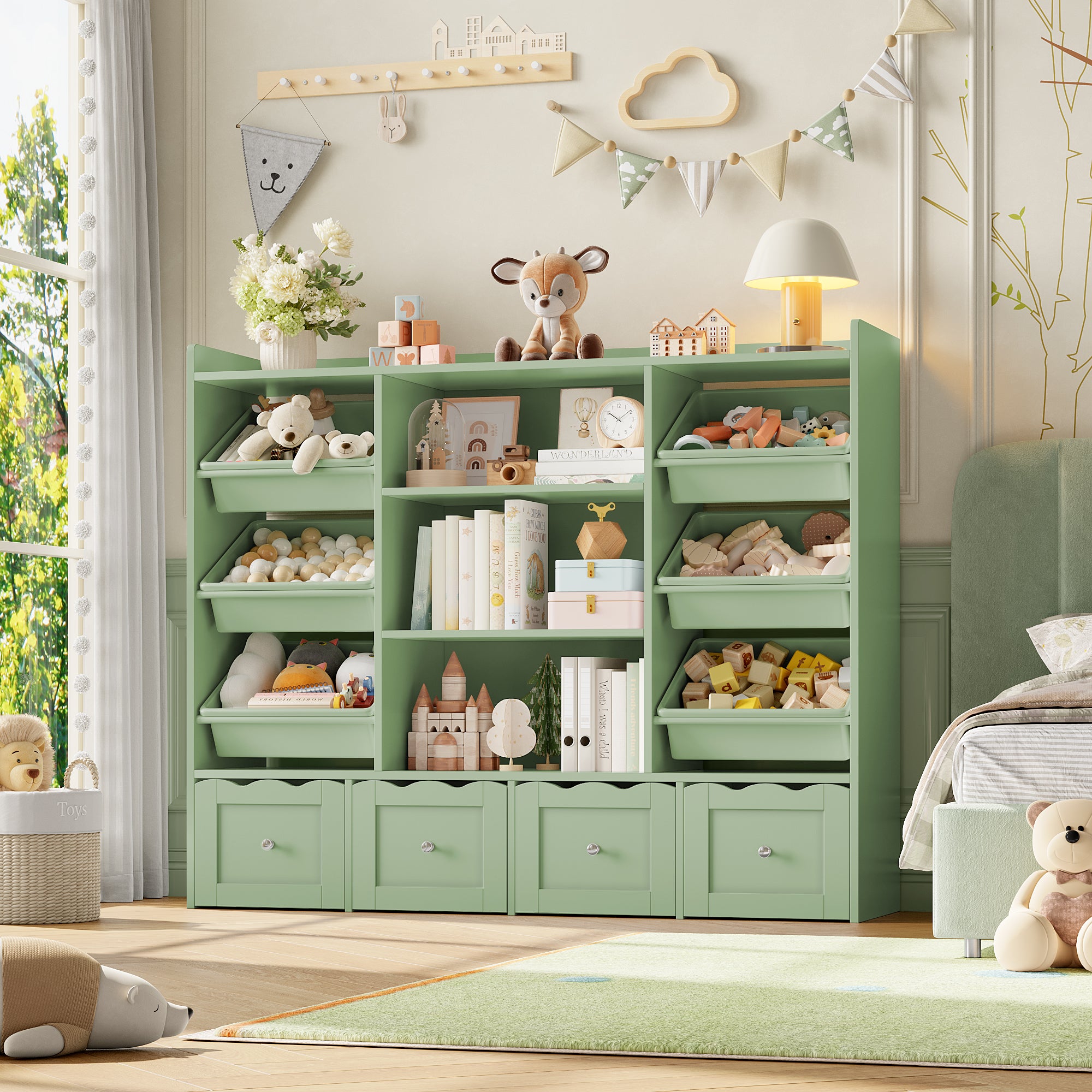 Hiphuta 55" Wide Toy Storage Organizer with 4 Removable Drawers, 4-Tier Kid Bookcase with 6 Bins, Toy Organizer with Bookcase for Kid Bedroom Playroom, Green