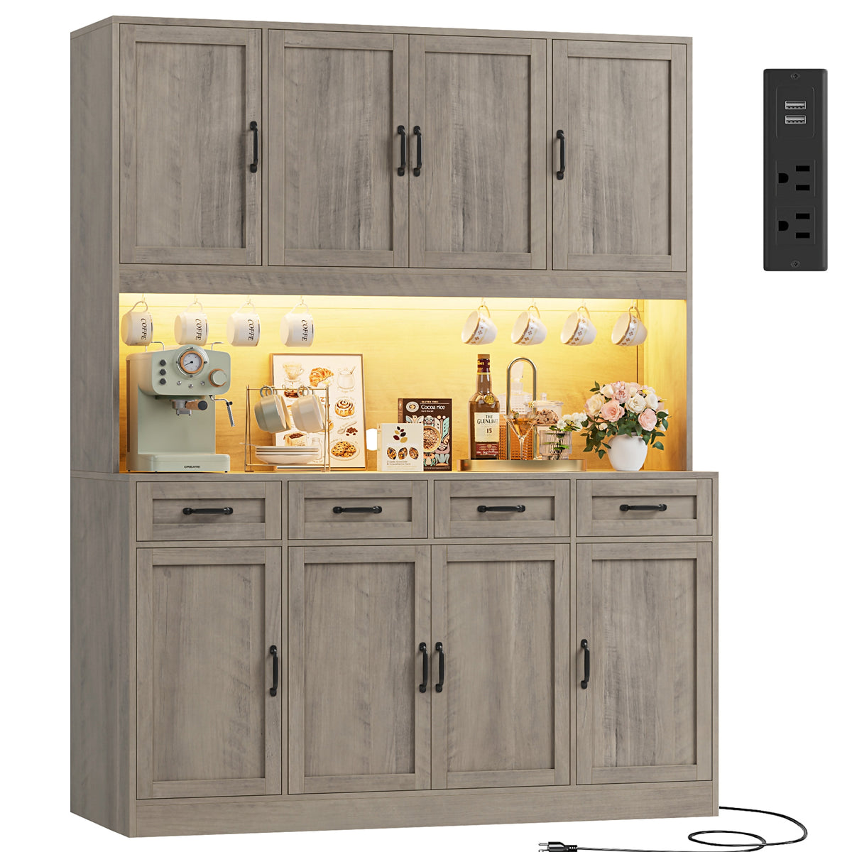 Hiphuta 59" Wide Kitchen Pantry Cabinet with 8 Doors and 4 Drawers, Extra Large Hutch Cabinet with RGB LED and Charging Station, Coffee Bar with 4 Adjustable Shelves, Gray