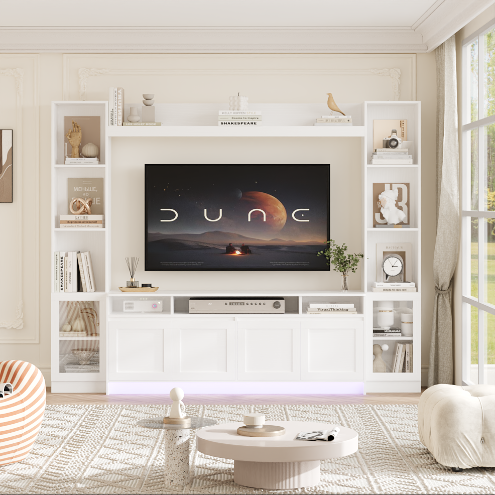 Hiphuta 79" W Wall Unit Entertainment Center for TVs up to 65", Farmhouse Wall Unit TV Stand with Bookshelves and Cabinet, Entertainment Center with LED Lights for Living Room, White