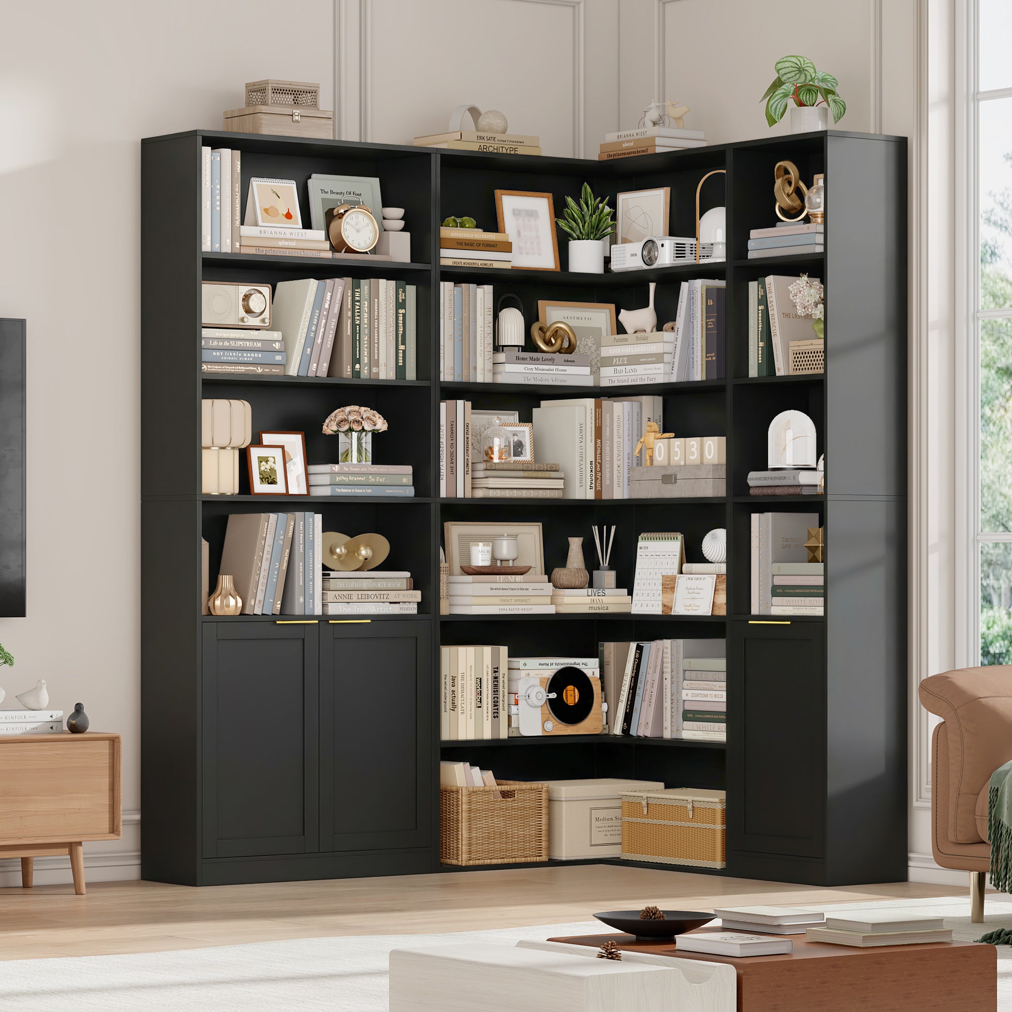 Hiphuta 6 Tier Corner Bookcase, Minimalist Modern Corner Bookcase for Office Living Room, Black