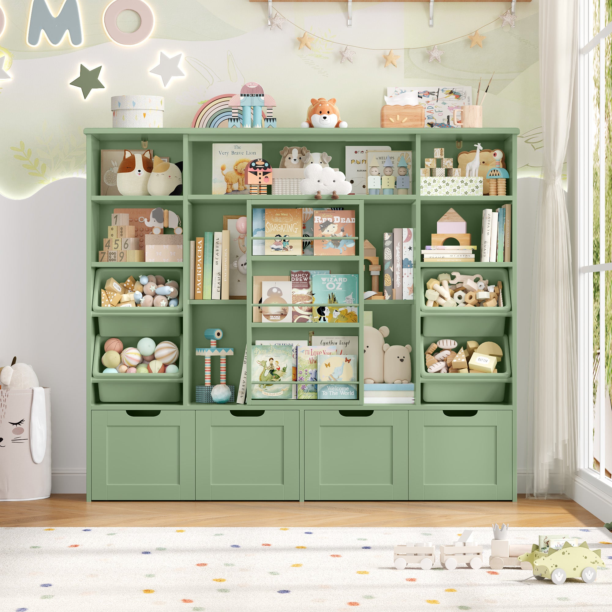Hiphuta Kid Toy Storage with Bookshelf, Kid Toy Organizer with 4 Removable Drawers, Kid Bookcases with Toy Box for Kid Bedroom Playroom, Green