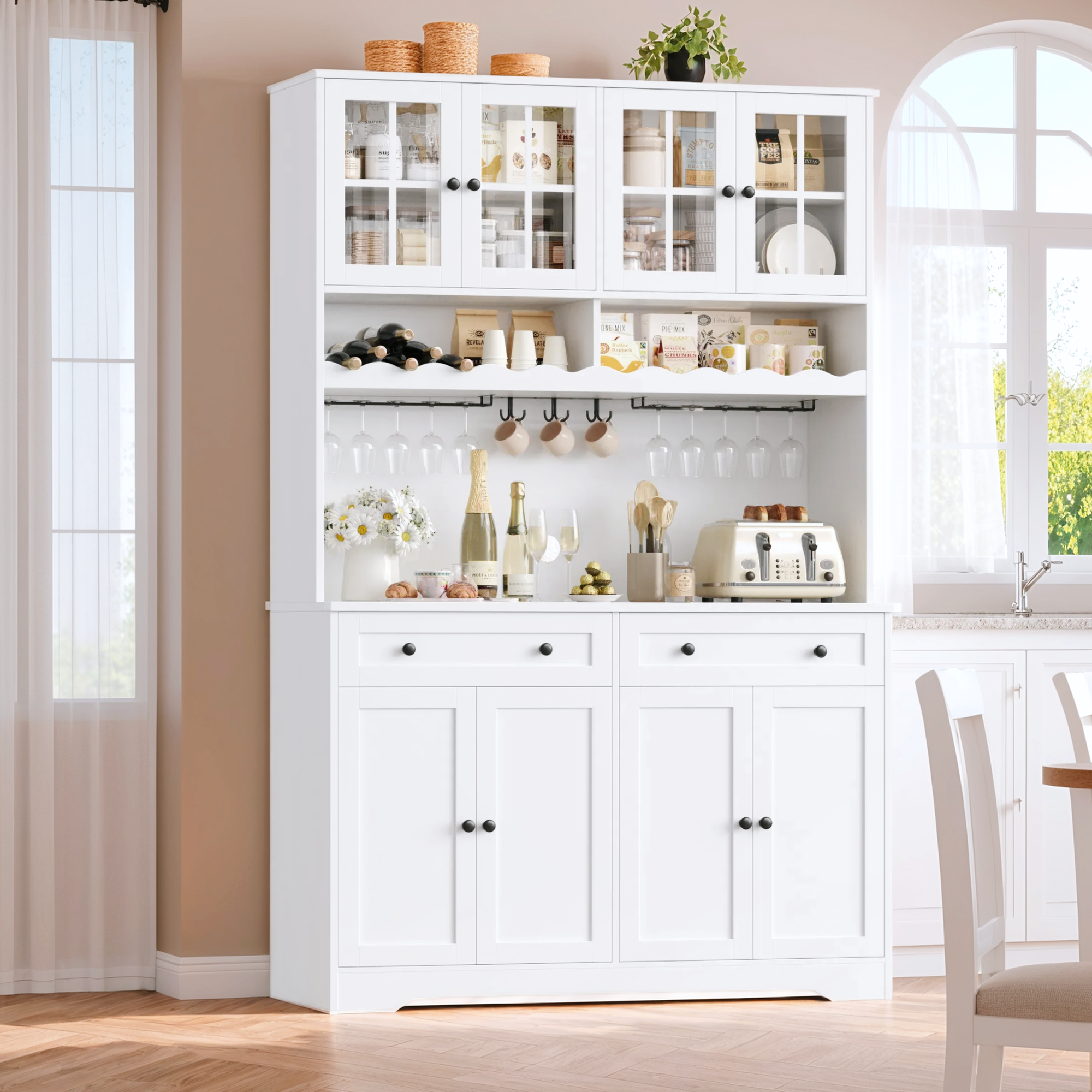 Hiphuta 75"Tall Kitchen Pantry Storage Cabinet with Power Outlet, Storage Pantry with Drawers & Glass Doors, Freestanding Cupboard Storage Hutch with Microwave Stand, White