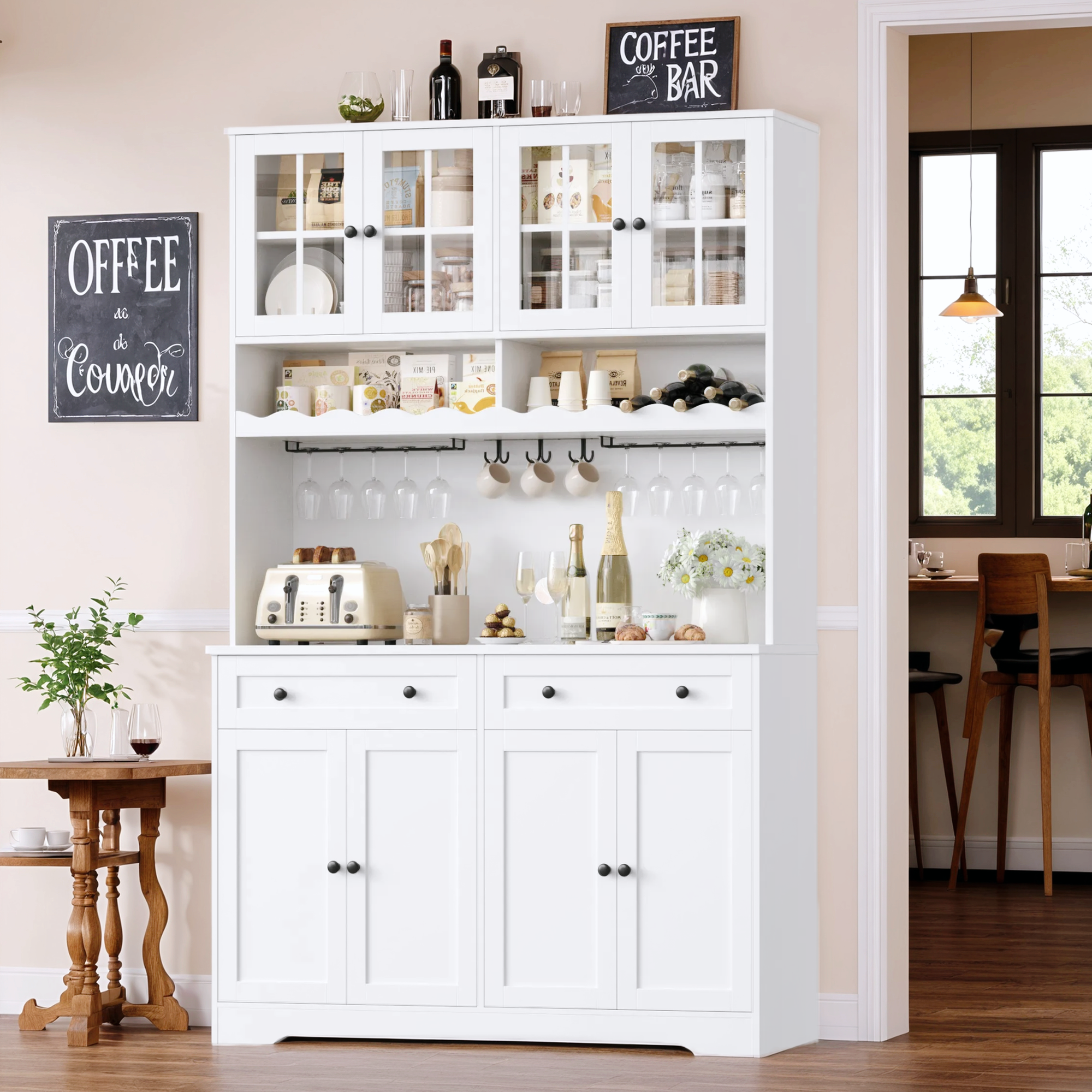 Hiphuta 75"Tall Kitchen Pantry Storage Cabinet with Power Outlet, Storage Pantry with Drawers & Glass Doors, Freestanding Cupboard Storage Hutch with Microwave Stand, White