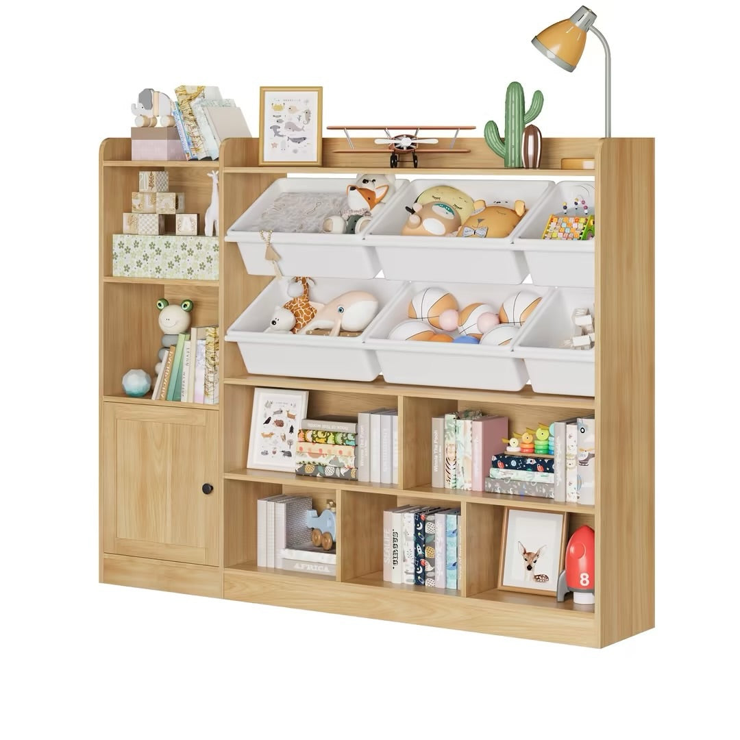 Hiphuta Kids Bookcase Toy Organizer, Wood Bookcase Toy Cabinet of 8 Compartments & 6 Movable Bins, Bookshelf for Kids Room, Natural