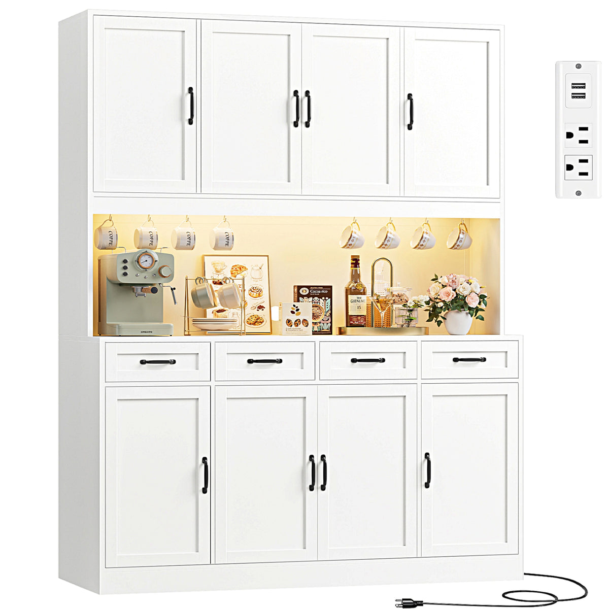 Hiphuta 59" Wide Kitchen Pantry Cabinet with 8 Doors and 4 Drawers, Extra Large Hutch Cabinet with RGB LED and Charging Station, Coffee Bar with 4 Adjustable Shelves, White