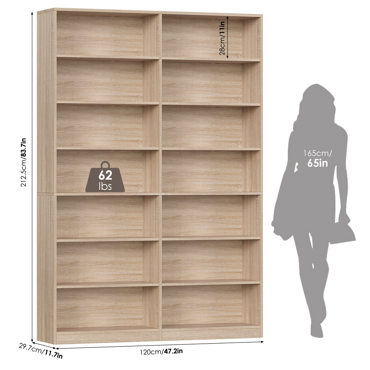 Hiphuta 83.6"H x 47.2"W Wood Double 7-Tier Standard Bookcase, Tall Bookcase for Bedroom, Living Room and Office, Freestanding Display Storage Shelves, Light Oak