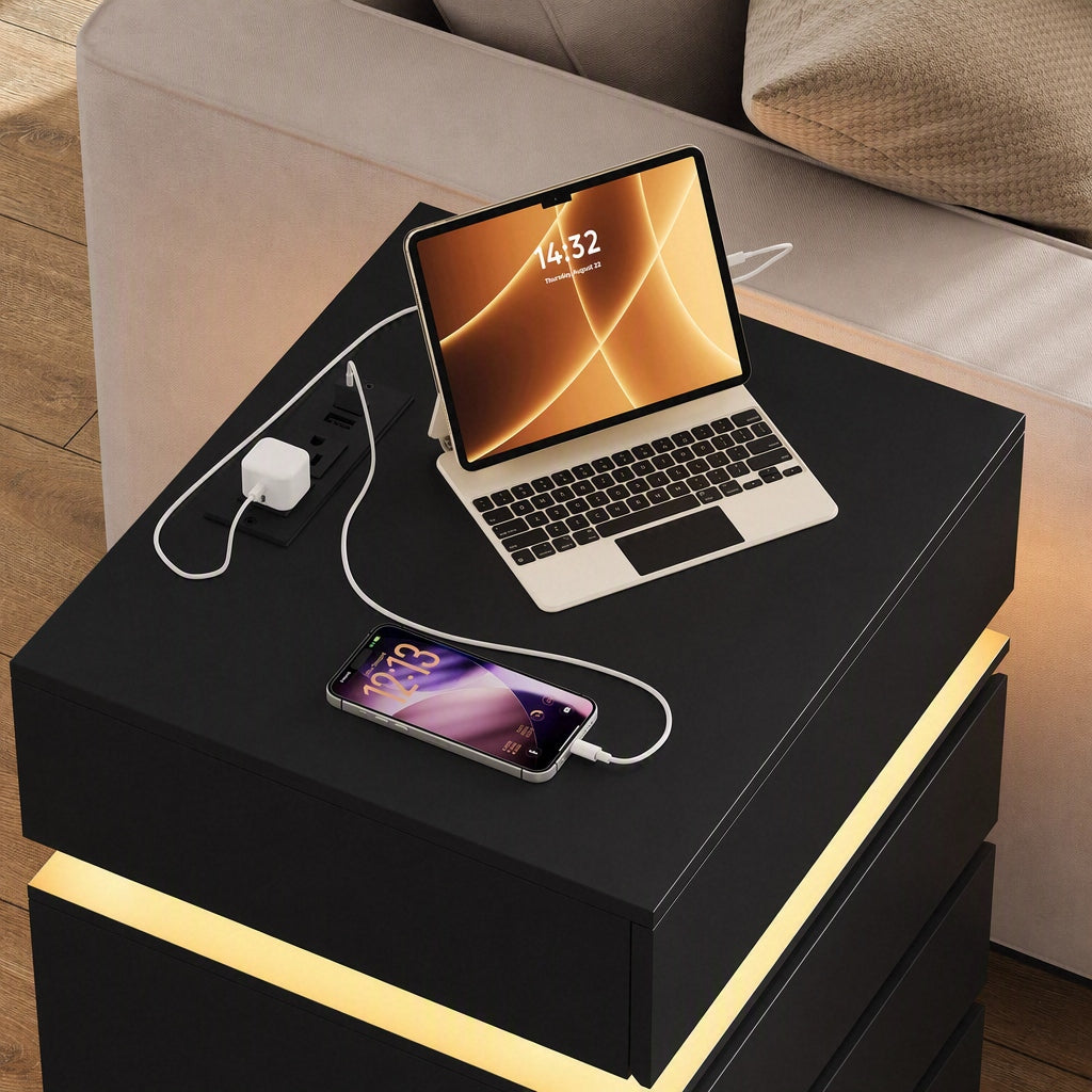 Hiphuta Set of 2 Bedside Table with Charge Station, Bedroom End Table with 4 Drawers, LED Nightstands for Living Room, Black