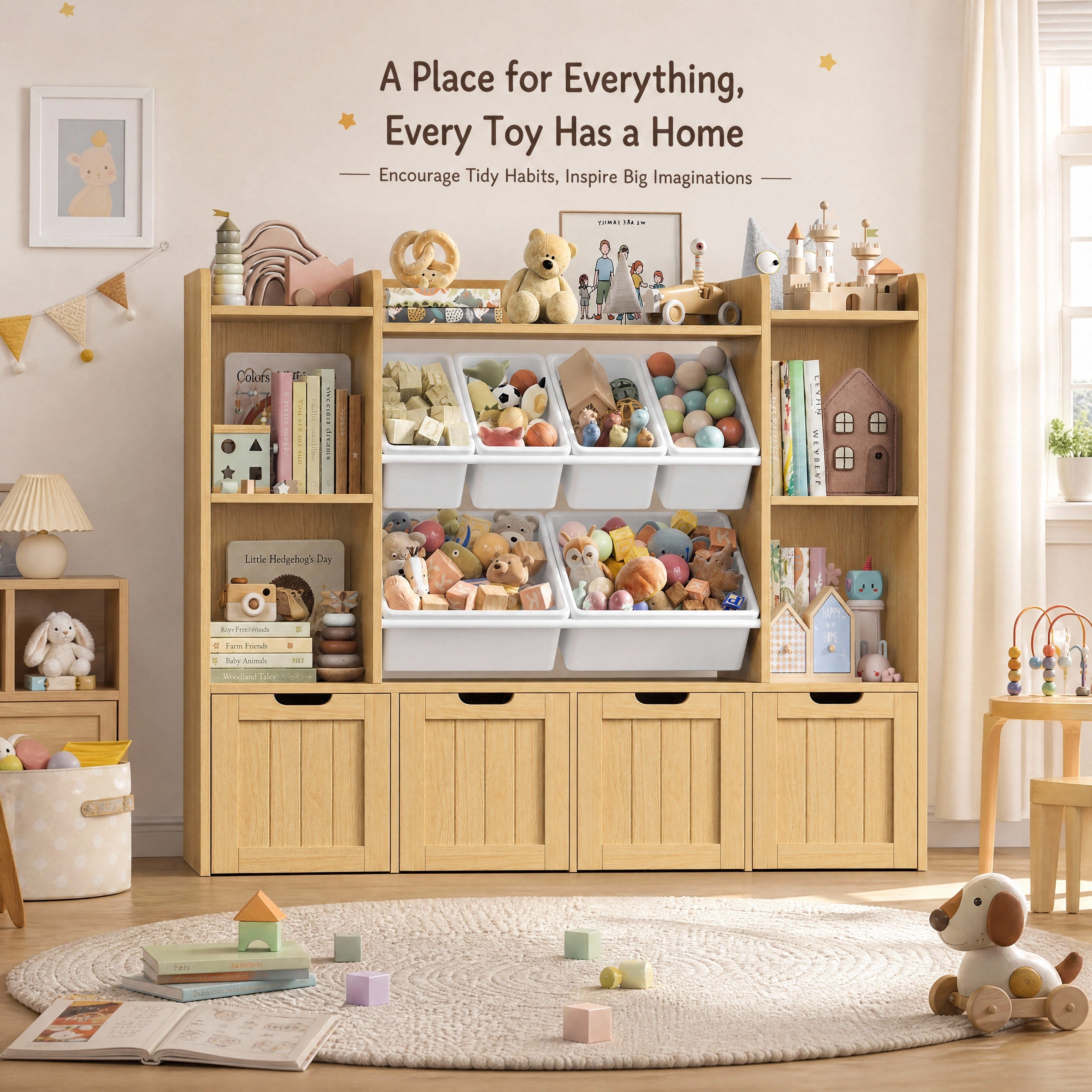 Hiphuta 3-tier 55"in Large Kids Bookcase with Toy Storage Organizer, Wood Toy Organizer of 6 Boxes & 4 Removable Drawers, Natural