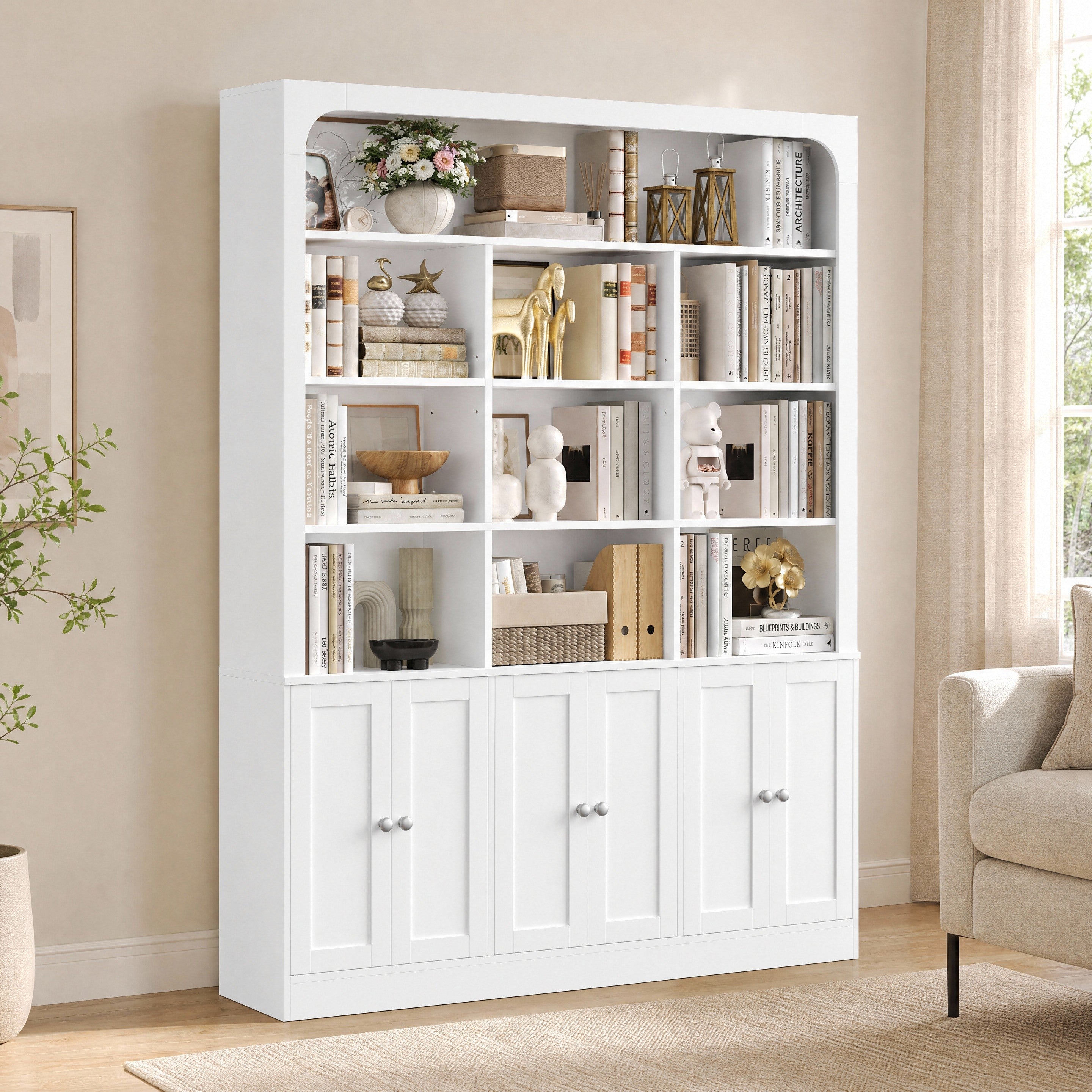 Hiphuta 71" Tall 4-Tier Bookcase with 10 Open Cubes, 56" Wide Extra Large Display Bookshelf with 4 Doors, for Living Room Home Office, White