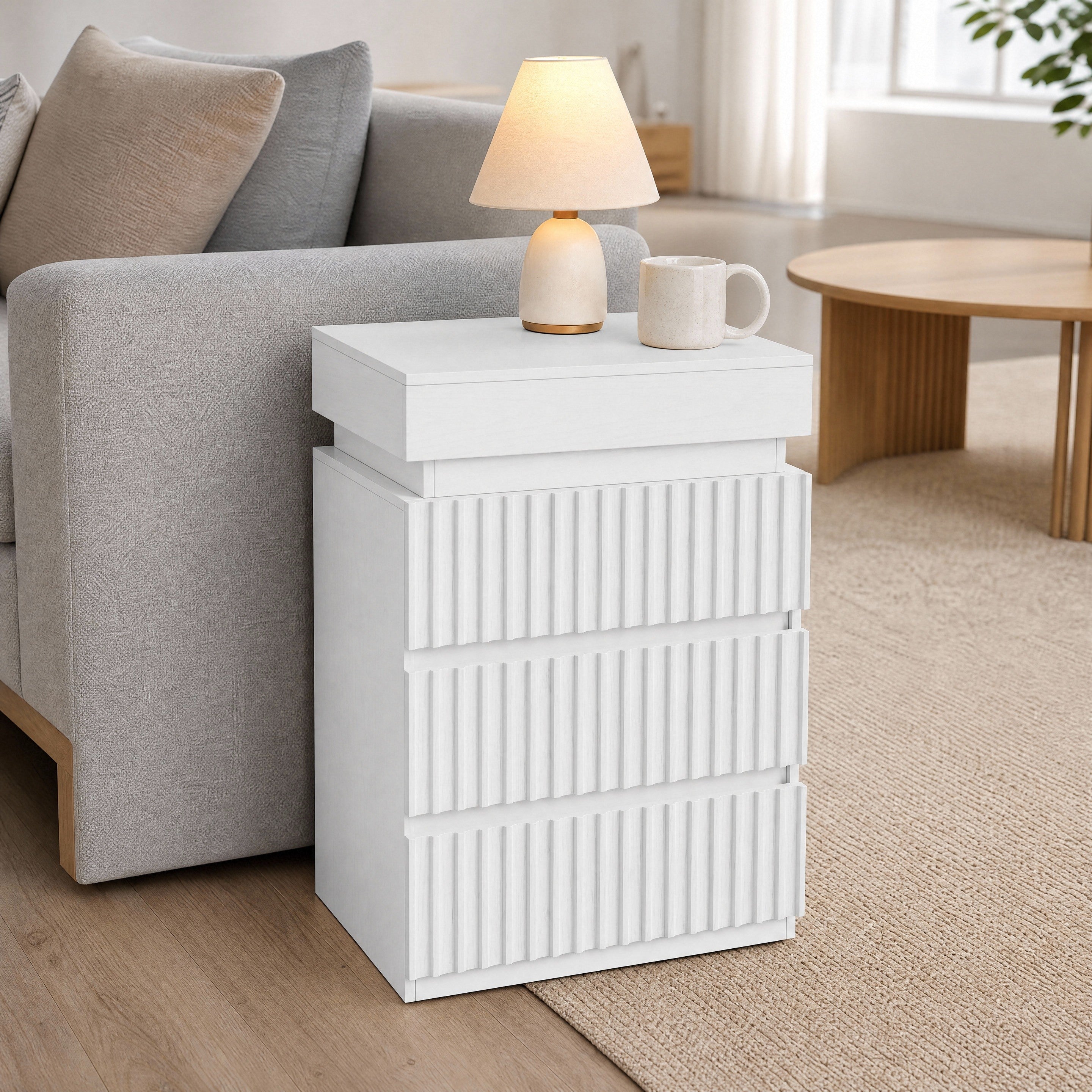 Hiphuta Set of 2 Nightstands with Charging Station, Wood End Table with 3 Drawers for Adult Bedroom Living Room, White
