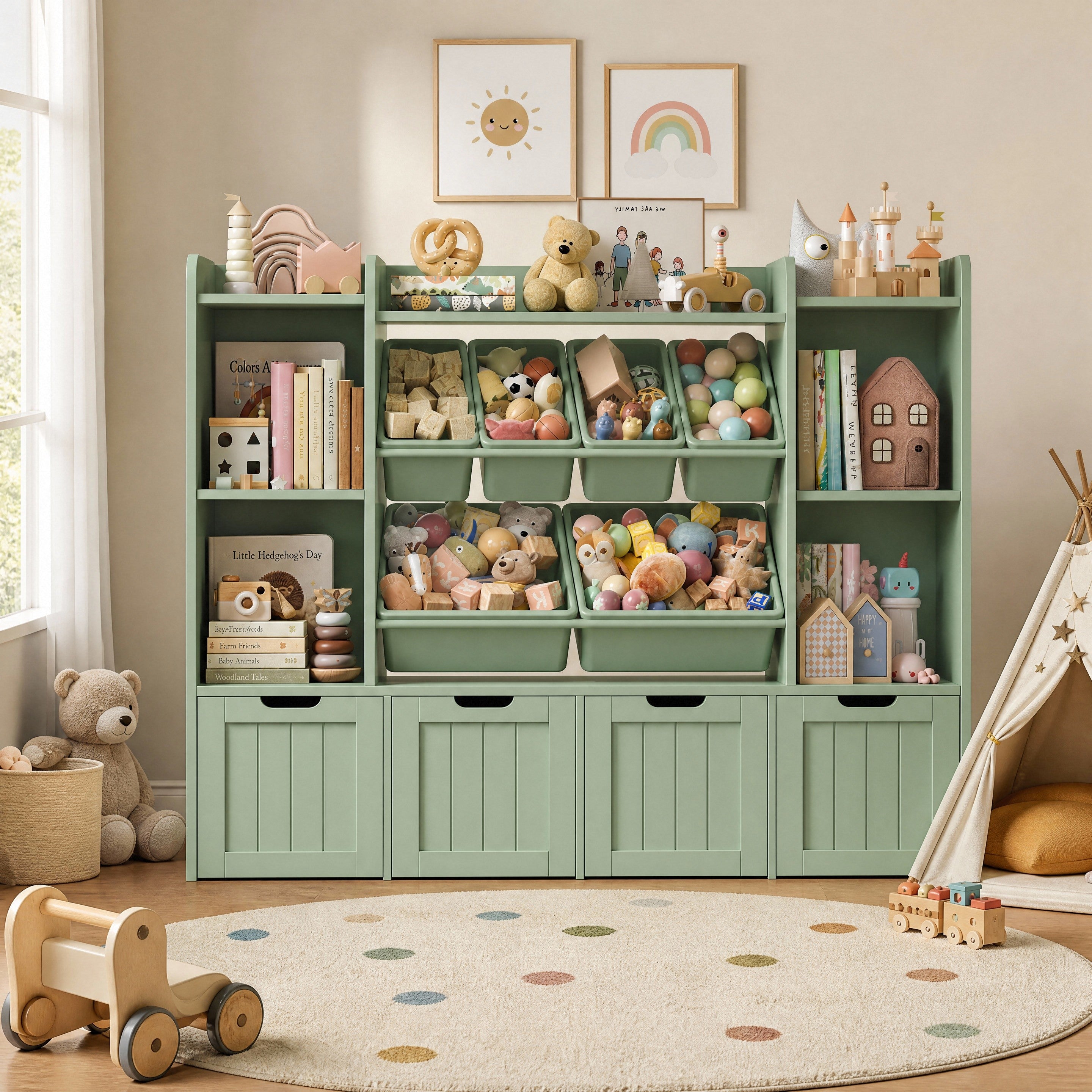 Hiphuta 3-tier 55"in Large Kids Bookcase with Toy Storage Organizer, Wood Toy Organizer of 6 Boxes & 4 Removable Drawers, Green