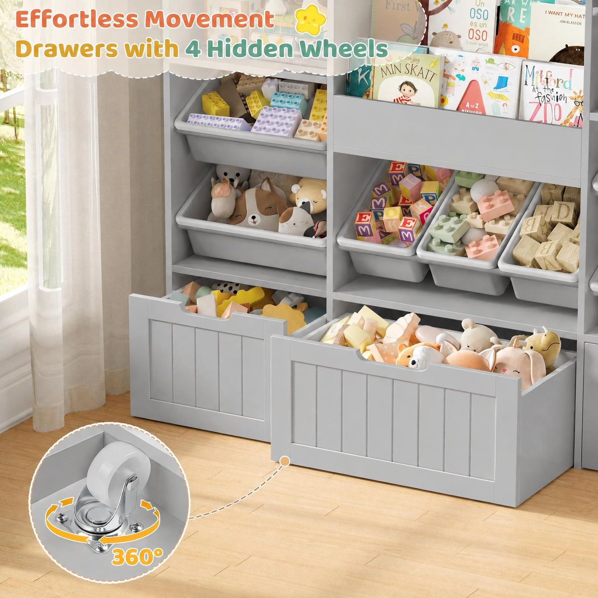 Hiphuta 56”W Kids Toy Storage Organizer with Bookshelf, 3 Removable Drawers & 7 Toy Boxes, Large Wood Toy Organizer for Playroom, Bedroom & Living Room, Gray