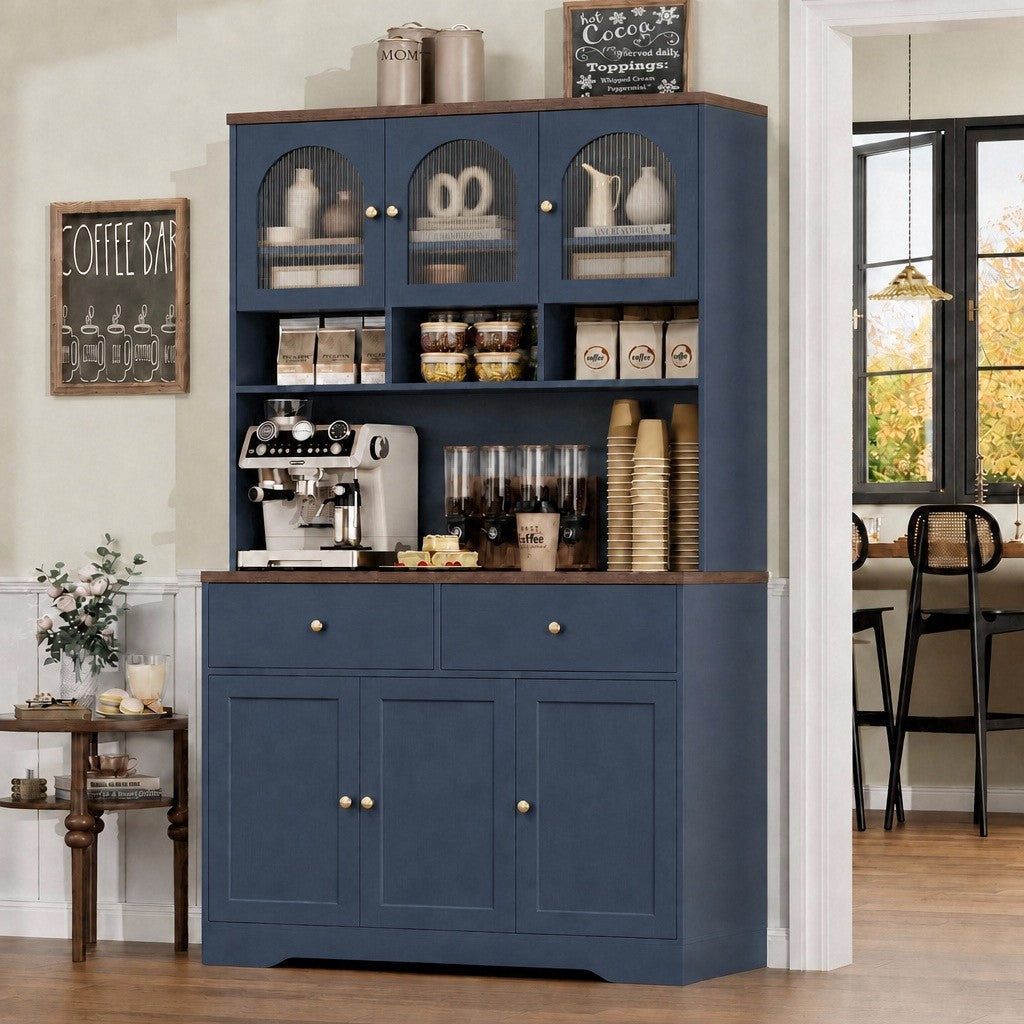 Hiphuta 71"in Modern Kitchen Pantry Storage Cabinet, Freestanding Kitchen Hutch Cabinet with Adjustable Shelves & Microwave Stand, Modern Coffee Hutch for Dining Room, Blue