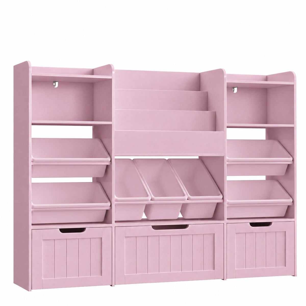 Hiphuta 56”W Kids Toy Storage Organizer with Bookshelf, 3 Removable Drawers & 7 Toy Boxes, Large Wood Toy Organizer for Playroom, Bedroom & Living Room, Pink