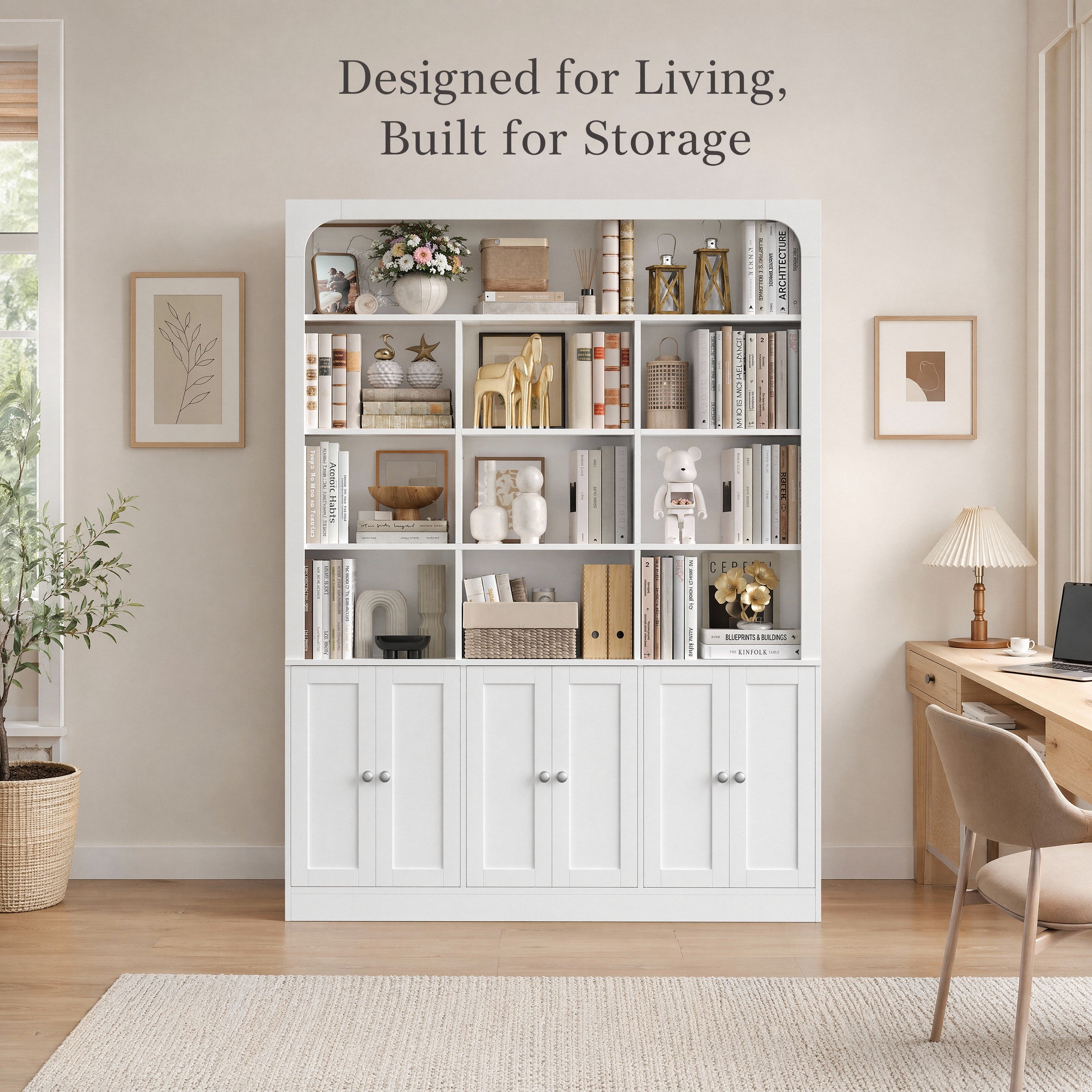 Hiphuta 71" Tall 4-Tier Bookcase with 10 Open Cubes, 56" Wide Extra Large Display Bookshelf with 4 Doors, for Living Room Home Office, White