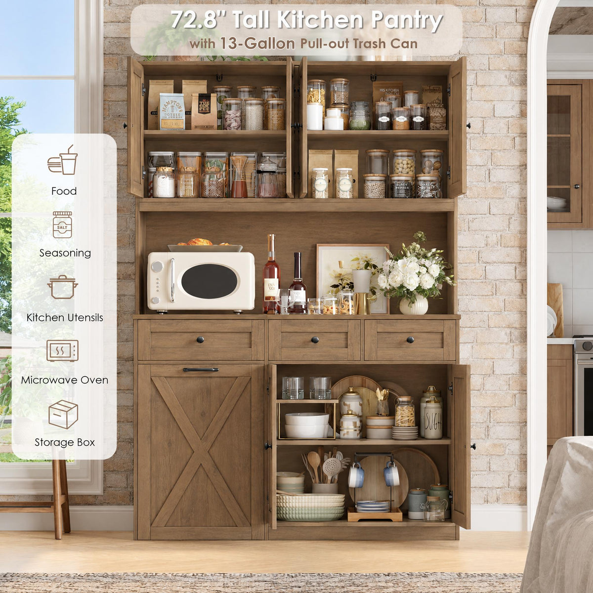 Hiphuta 73” Tall Kitchen Pantry Cabinet Fits 13 Gallon Trash Can Cabinet, Farmhouse Kitchen Storage Hutch with Pull Out Trash Can Storage for Dining Room Living Room, Rustic Brown