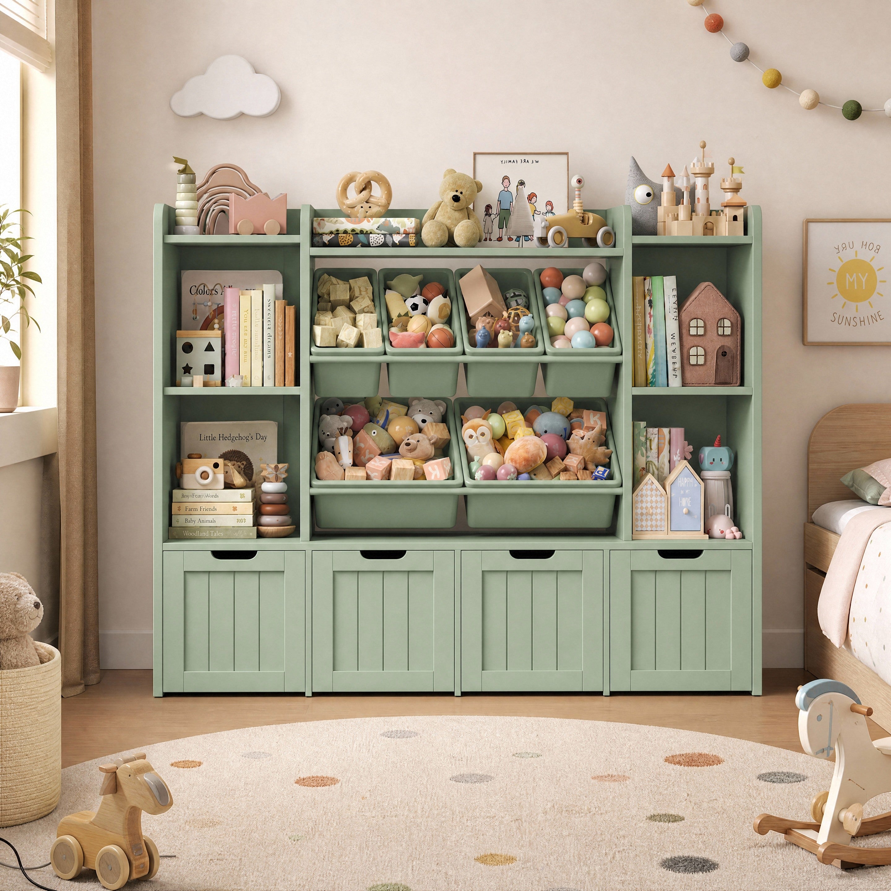 Hiphuta 3-tier 55"in Large Kids Bookcase with Toy Storage Organizer, Wood Toy Organizer of 6 Boxes & 4 Removable Drawers, Green