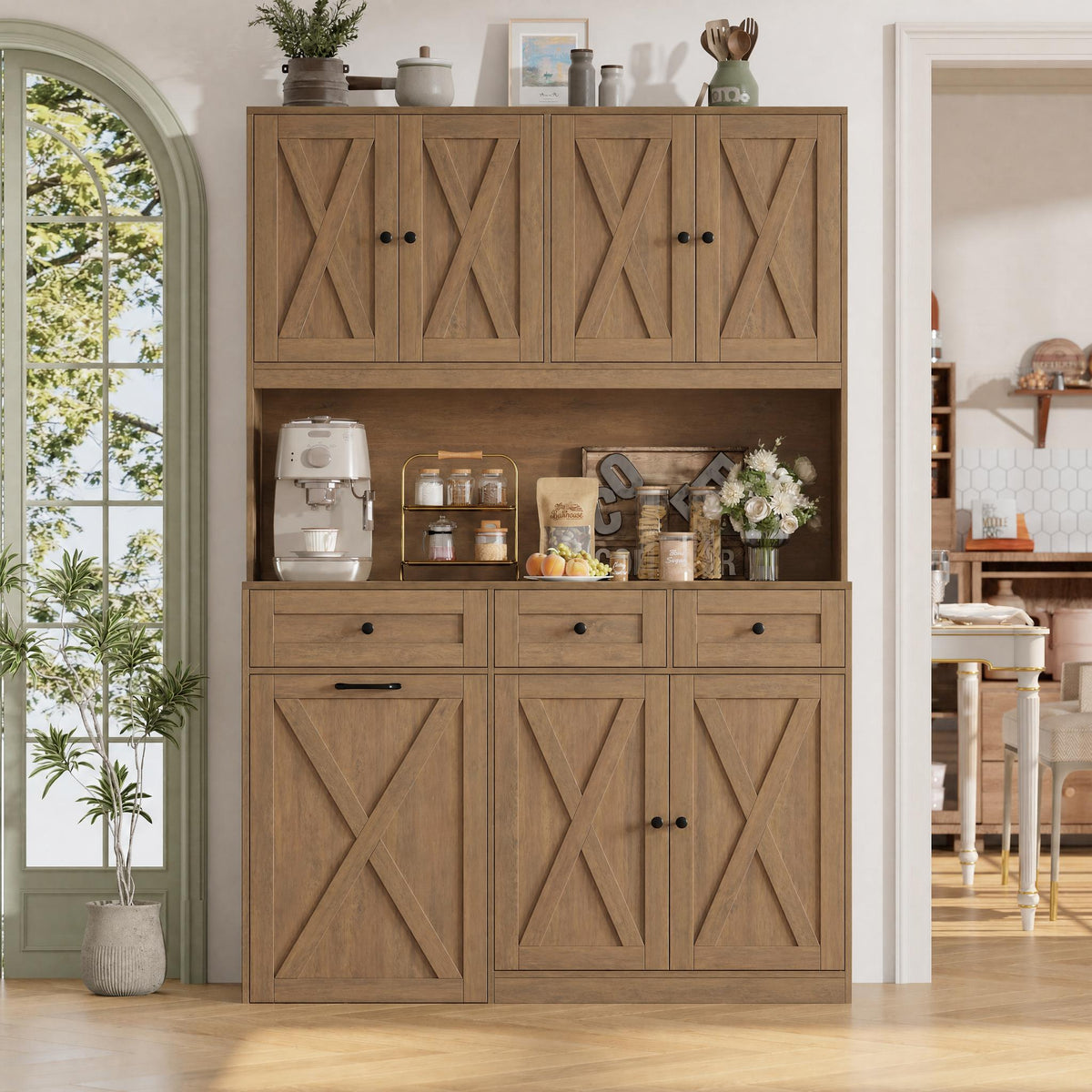 Hiphuta 73” Tall Kitchen Pantry Cabinet Fits 13 Gallon Trash Can Cabinet, Farmhouse Kitchen Storage Hutch with Pull Out Trash Can Storage for Dining Room Living Room, Rustic Brown