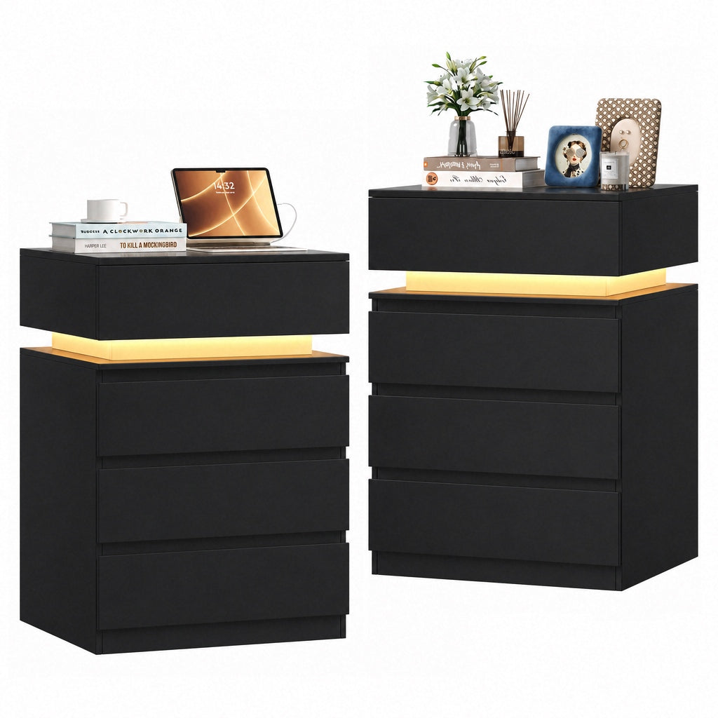 Hiphuta Set of 2 Bedside Table with Charge Station, Bedroom End Table with 4 Drawers, LED Nightstands for Living Room, Black