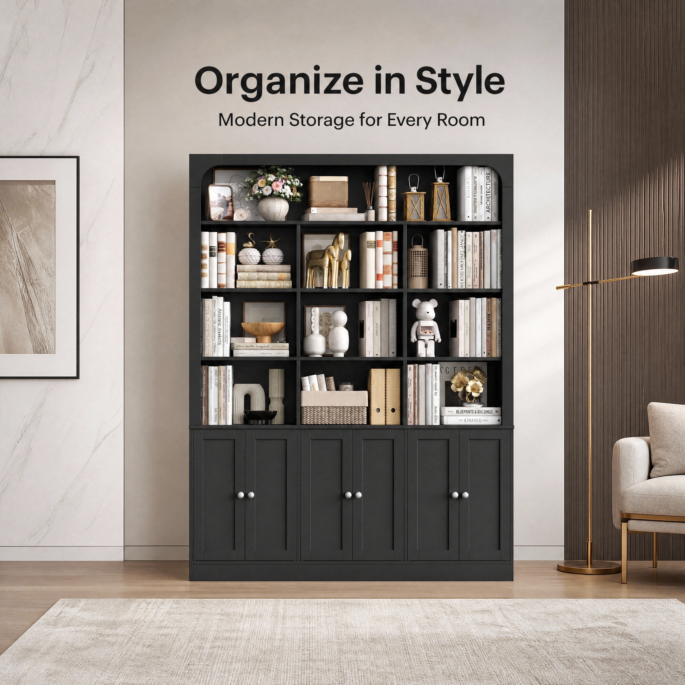 Hiphuta 71" Tall 4-Tier Bookcase with 10 Open Cubes, 56" Wide Extra Large Display Bookshelf with 4 Doors, for Living Room Home Office, Blac