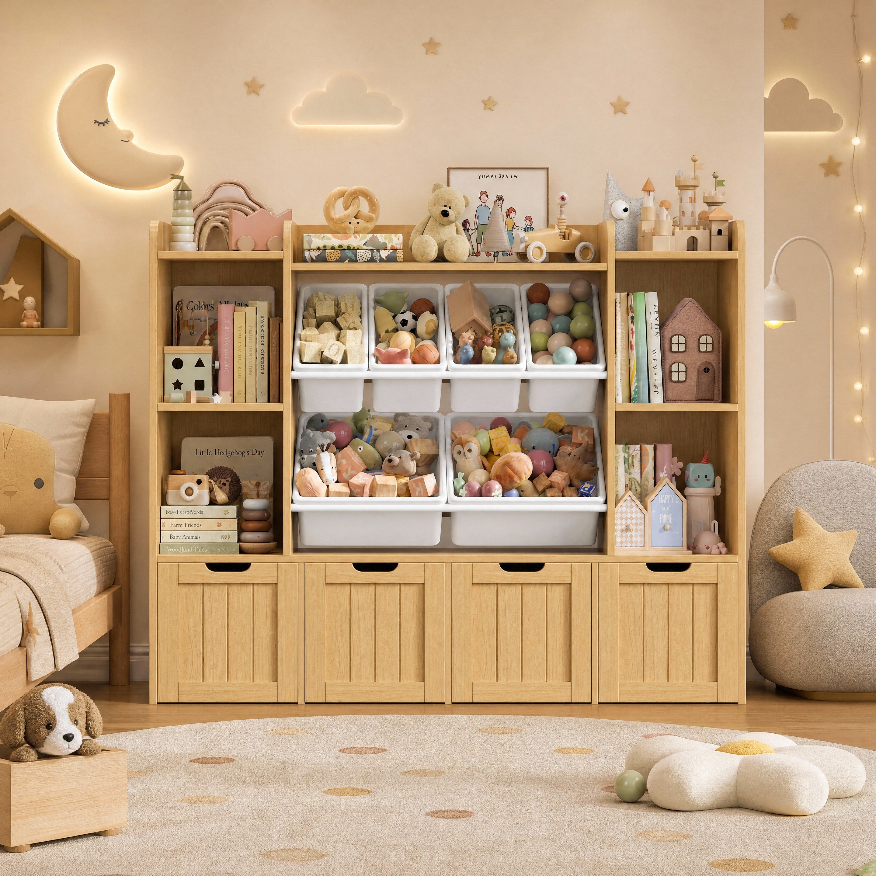 Hiphuta 3-tier 55"in Large Kids Bookcase with Toy Storage Organizer, Wood Toy Organizer of 6 Boxes & 4 Removable Drawers, Natural