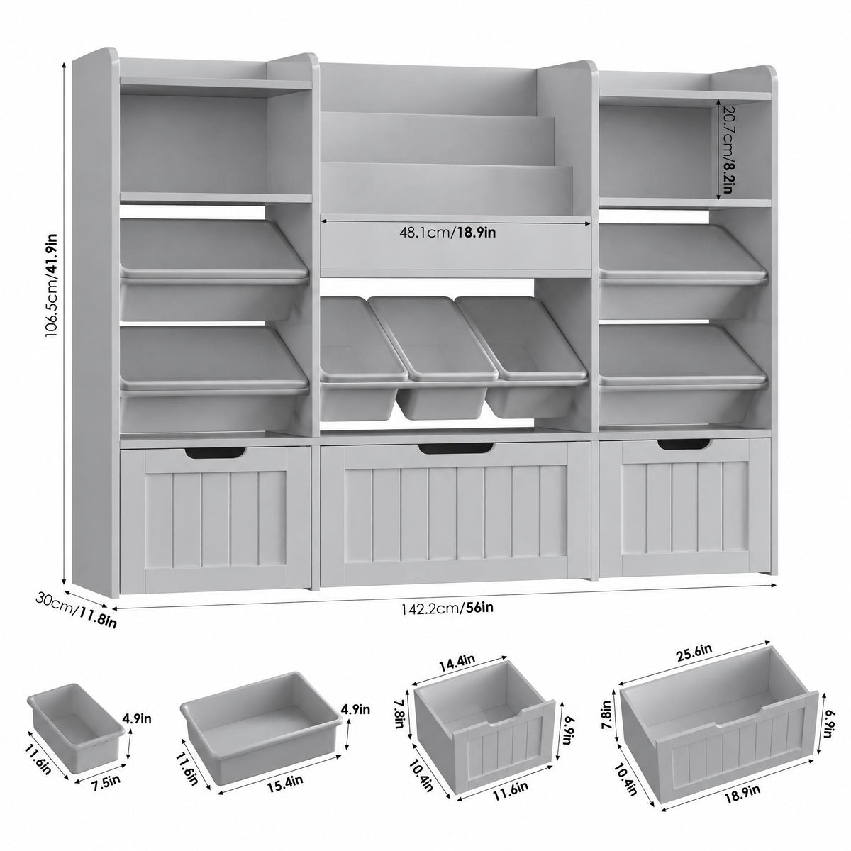 Hiphuta 56”W Kids Toy Storage Organizer with Bookshelf, 3 Removable Drawers & 7 Toy Boxes, Large Wood Toy Organizer for Playroom, Bedroom & Living Room, Gray