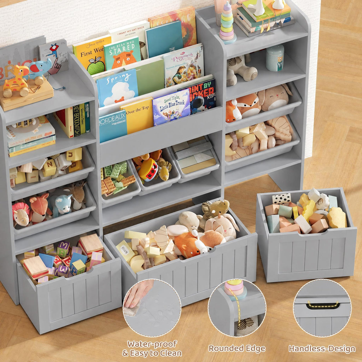 Hiphuta 56”W Kids Toy Storage Organizer with Bookshelf, 3 Removable Drawers & 7 Toy Boxes, Large Wood Toy Organizer for Playroom, Bedroom & Living Room, Gray