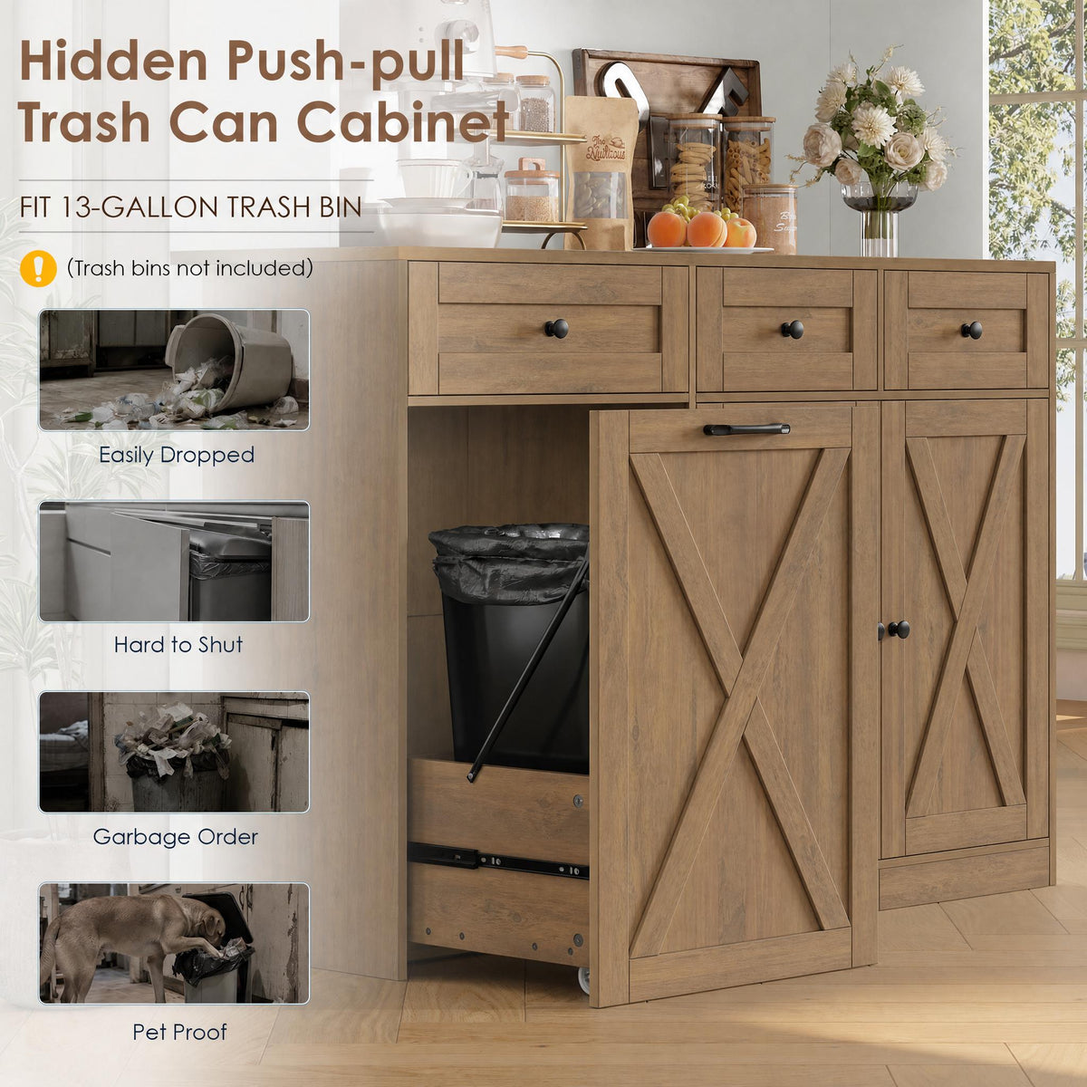 Hiphuta 73” Tall Kitchen Pantry Cabinet Fits 13 Gallon Trash Can Cabinet, Farmhouse Kitchen Storage Hutch with Pull Out Trash Can Storage for Dining Room Living Room, Rustic Brown