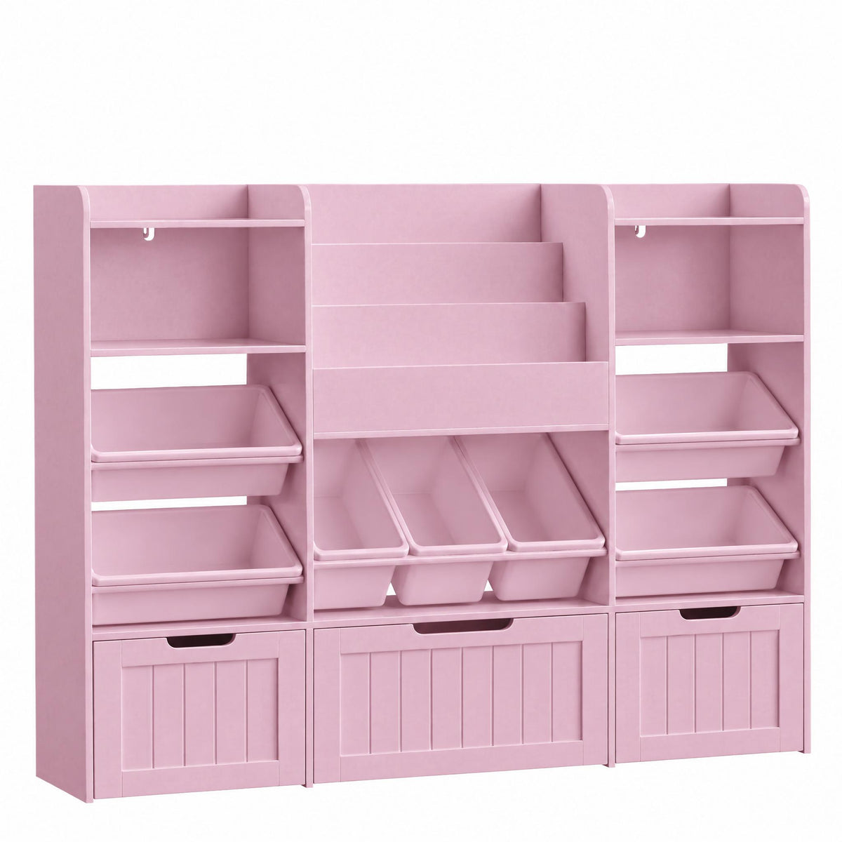 Hiphuta 56”W Kids Toy Storage Organizer with Bookshelf, 3 Removable Drawers & 7 Toy Boxes, Large Wood Toy Organizer for Playroom, Bedroom & Living Room, Pink