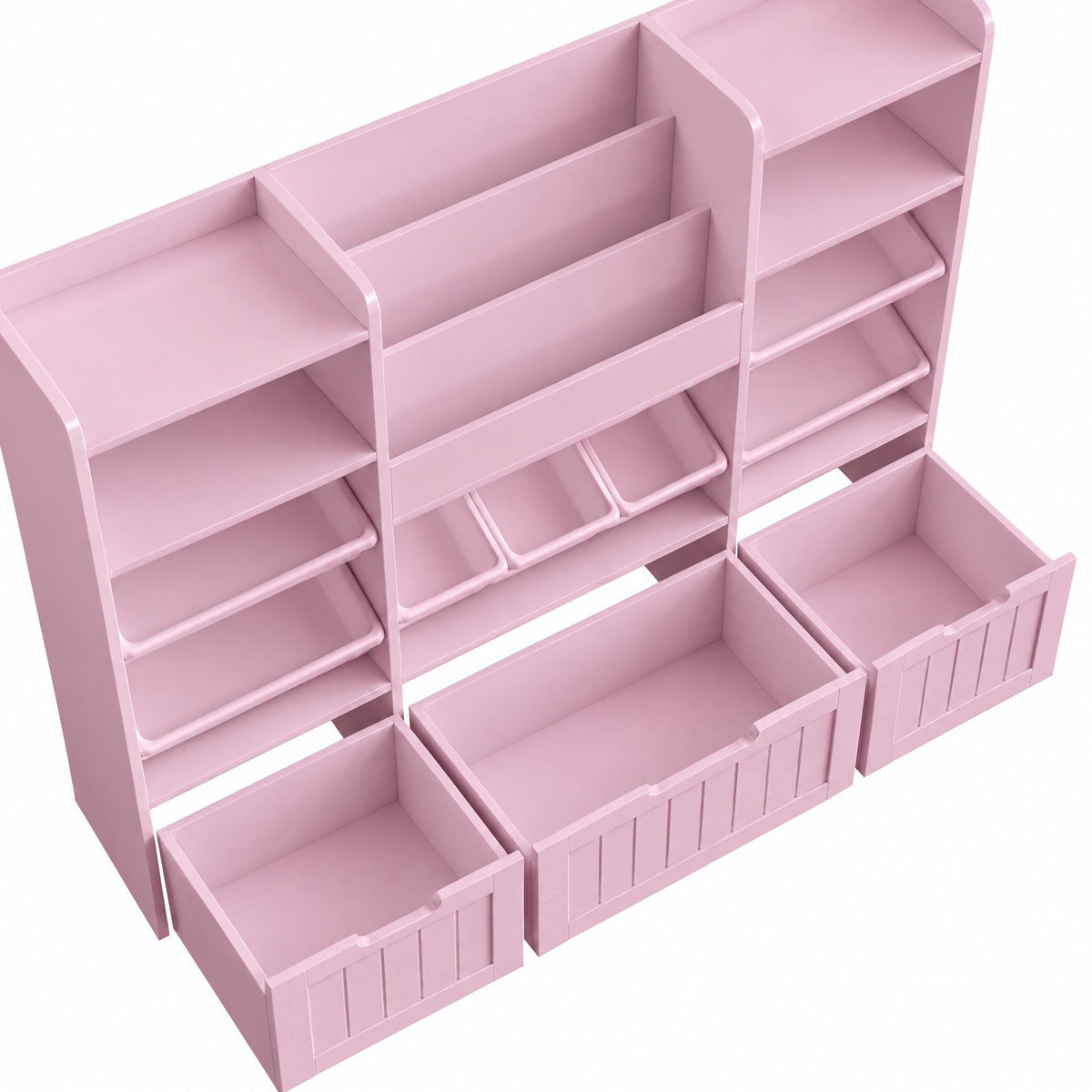 Hiphuta 56”W Kids Toy Storage Organizer with Bookshelf, 3 Removable Drawers & 7 Toy Boxes, Large Wood Toy Organizer for Playroom, Bedroom & Living Room, Pink