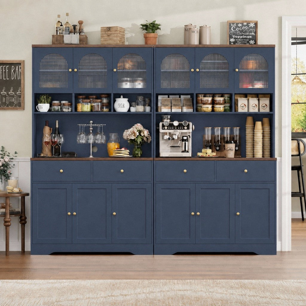 Hiphuta 71"in Modern Kitchen Pantry Storage Cabinet, Freestanding Kitchen Hutch Cabinet with Adjustable Shelves & Microwave Stand, Modern Coffee Hutch for Dining Room, Blue