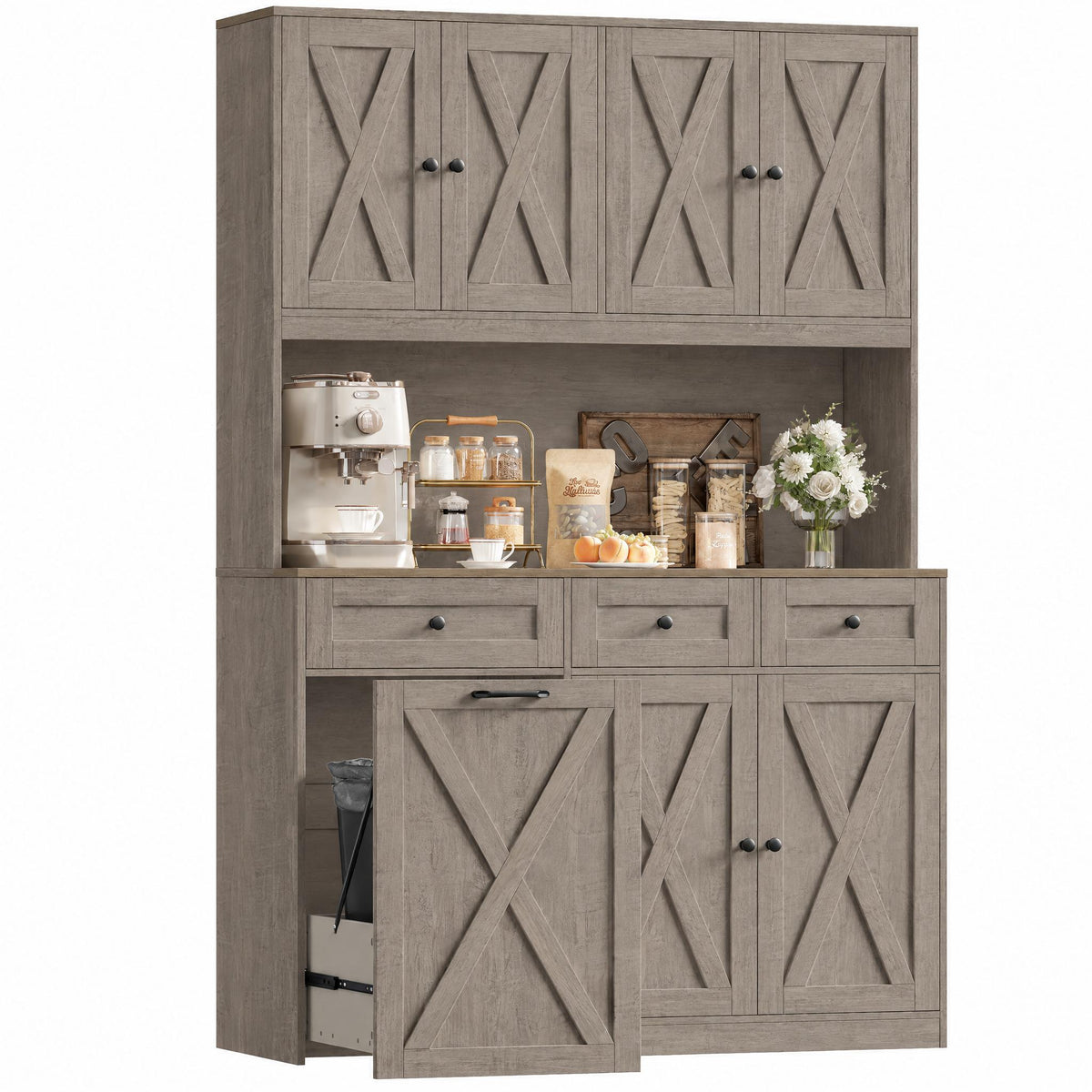 Hiphuta 73” Tall Kitchen Pantry Cabinet Fits 13 Gallon Trash Can Cabinet, Farmhouse Kitchen Storage Hutch with Pull Out Trash Can Storage for Dining Room Living Room, Ash Gray