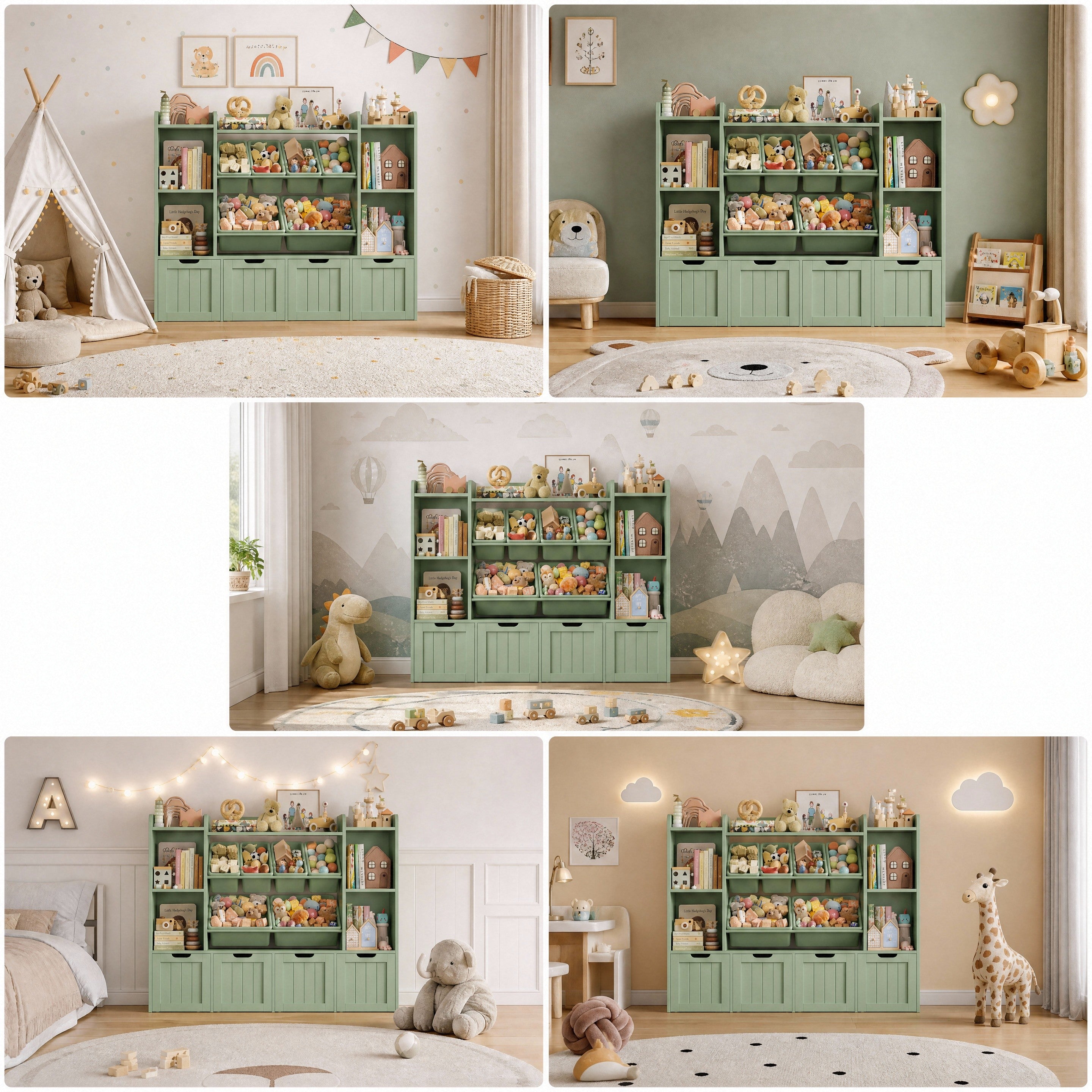 Hiphuta 3-tier 55"in Large Kids Bookcase with Toy Storage Organizer, Wood Toy Organizer of 6 Boxes & 4 Removable Drawers, Green