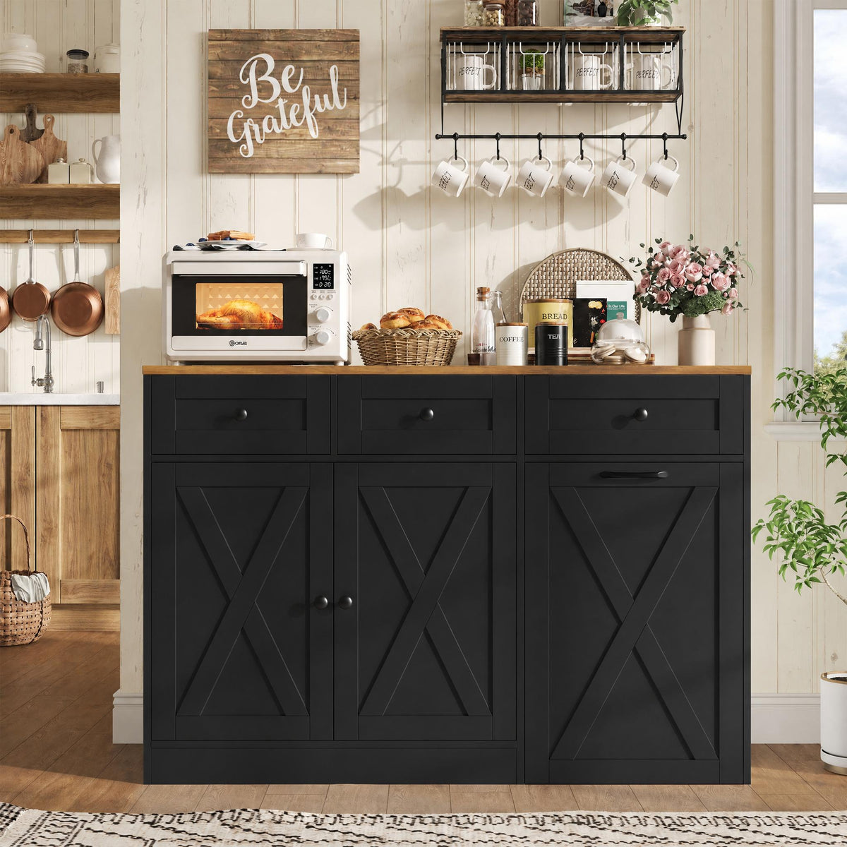 Hiphuta Trash Can Buffet Cabinet Fits 13 Gallon, 47"W Farmhouse Credenza Sideboard with Hidden Garbage Can Cabinet for Dining and Living Room, Black