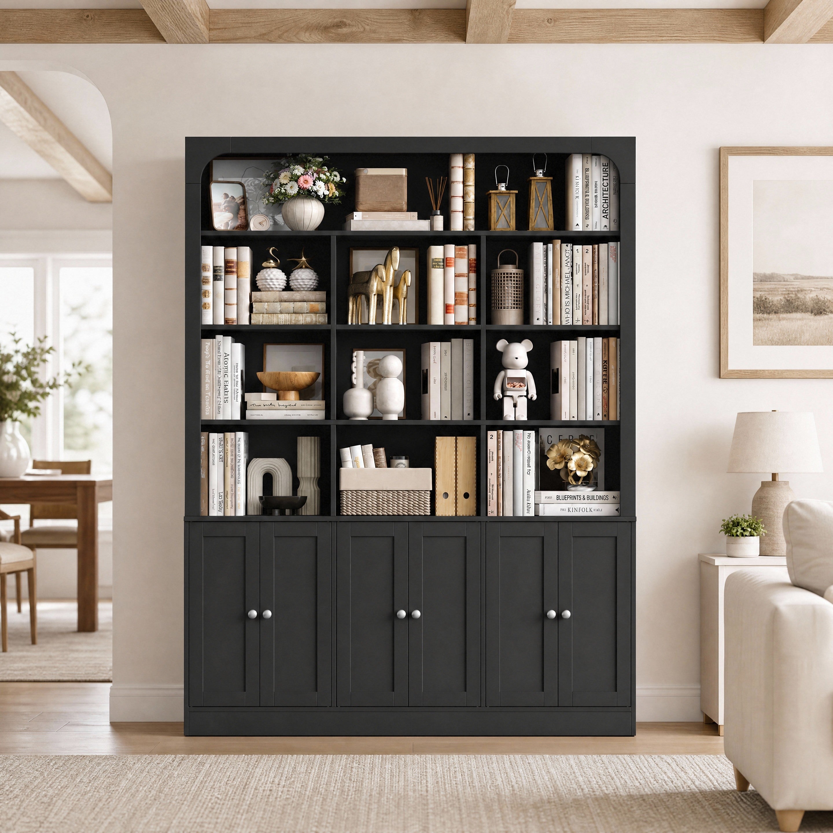 Hiphuta 71" Tall 4-Tier Bookcase with 10 Open Cubes, 56" Wide Extra Large Display Bookshelf with 4 Doors, for Living Room Home Office, Blac