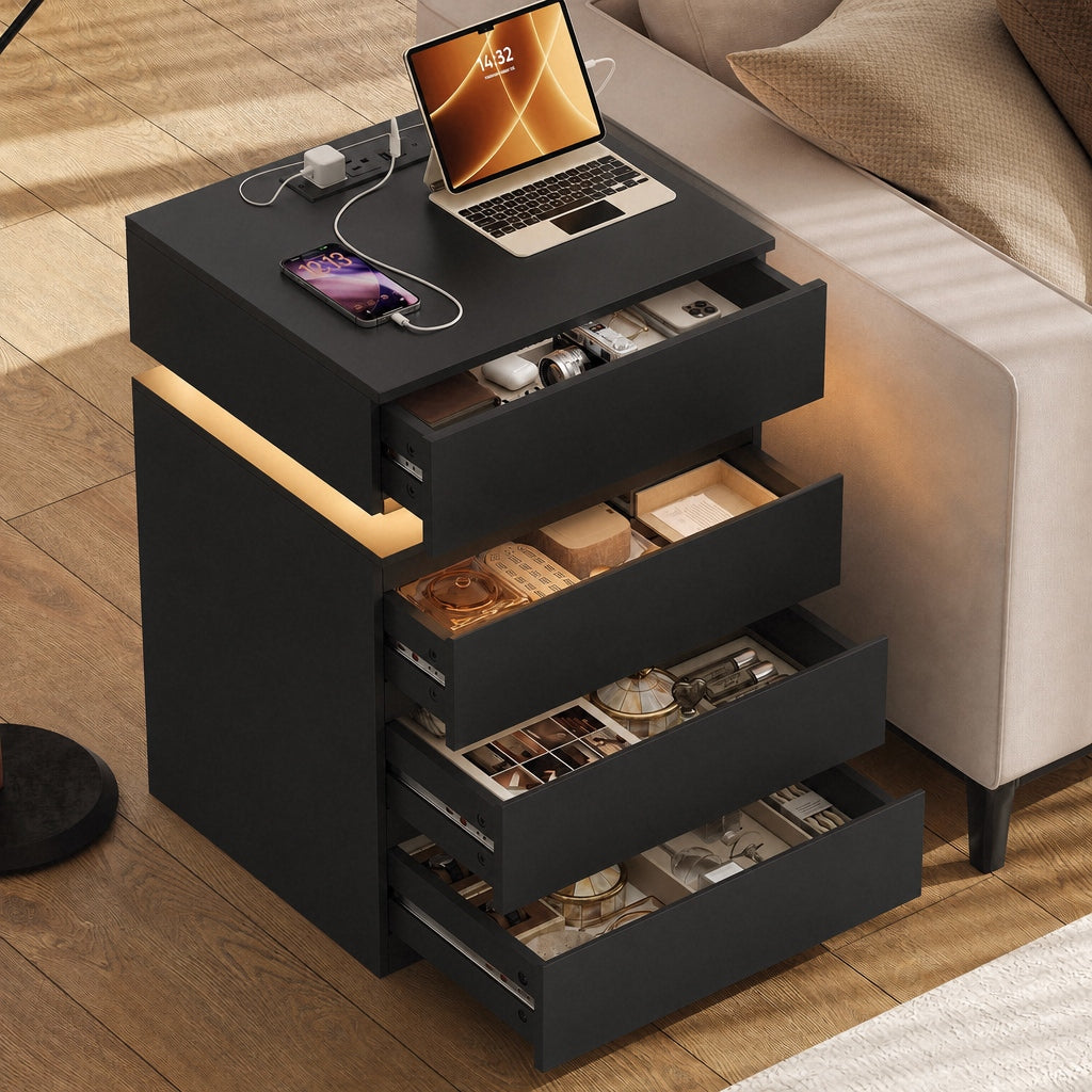 Hiphuta Set of 2 Bedside Table with Charge Station, Bedroom End Table with 4 Drawers, LED Nightstands for Living Room, Black
