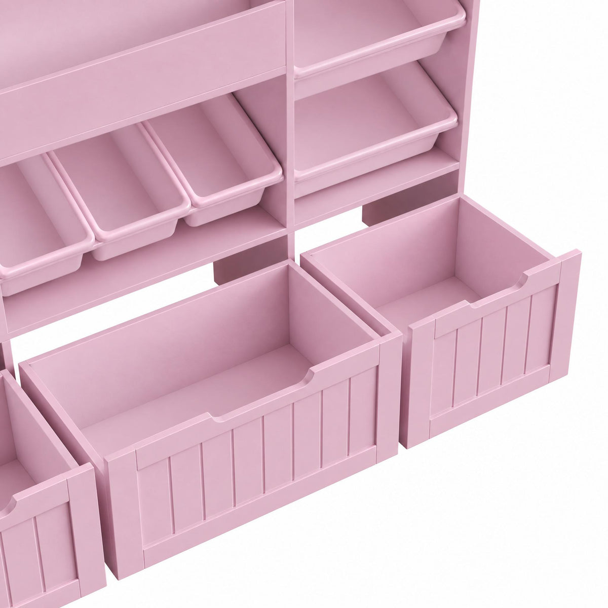 Hiphuta 56”W Kids Toy Storage Organizer with Bookshelf, 3 Removable Drawers & 7 Toy Boxes, Large Wood Toy Organizer for Playroom, Bedroom & Living Room, Pink