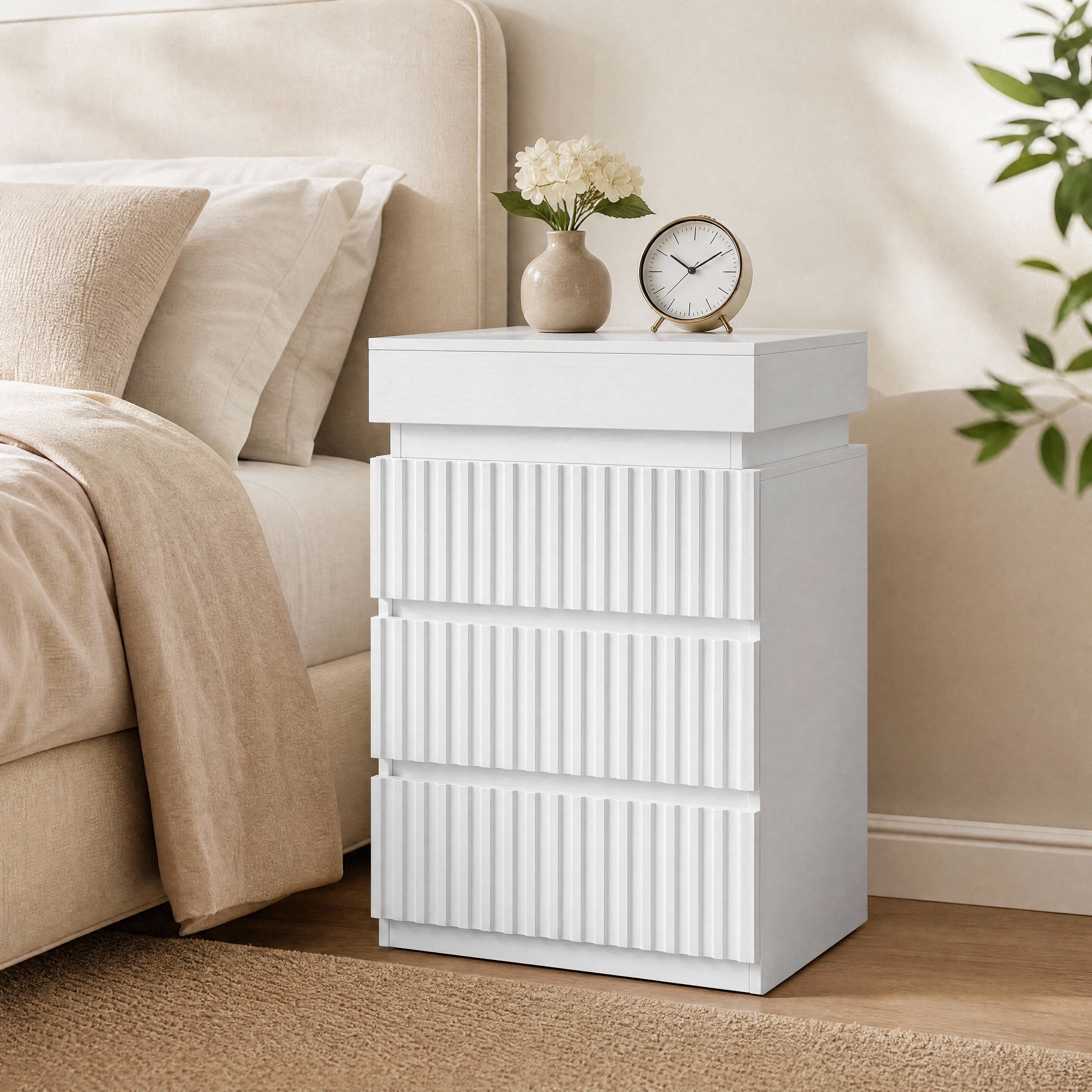 Hiphuta Set of 2 Nightstands with Charging Station, Wood End Table with 3 Drawers for Adult Bedroom Living Room, White