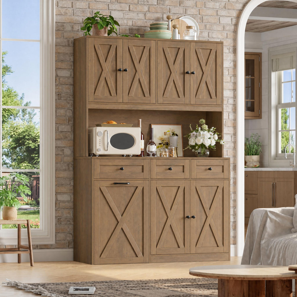 Hiphuta 73” Tall Kitchen Pantry Cabinet Fits 13 Gallon Trash Can Cabinet, Farmhouse Kitchen Storage Hutch with Pull Out Trash Can Storage for Dining Room Living Room, Rustic Brown