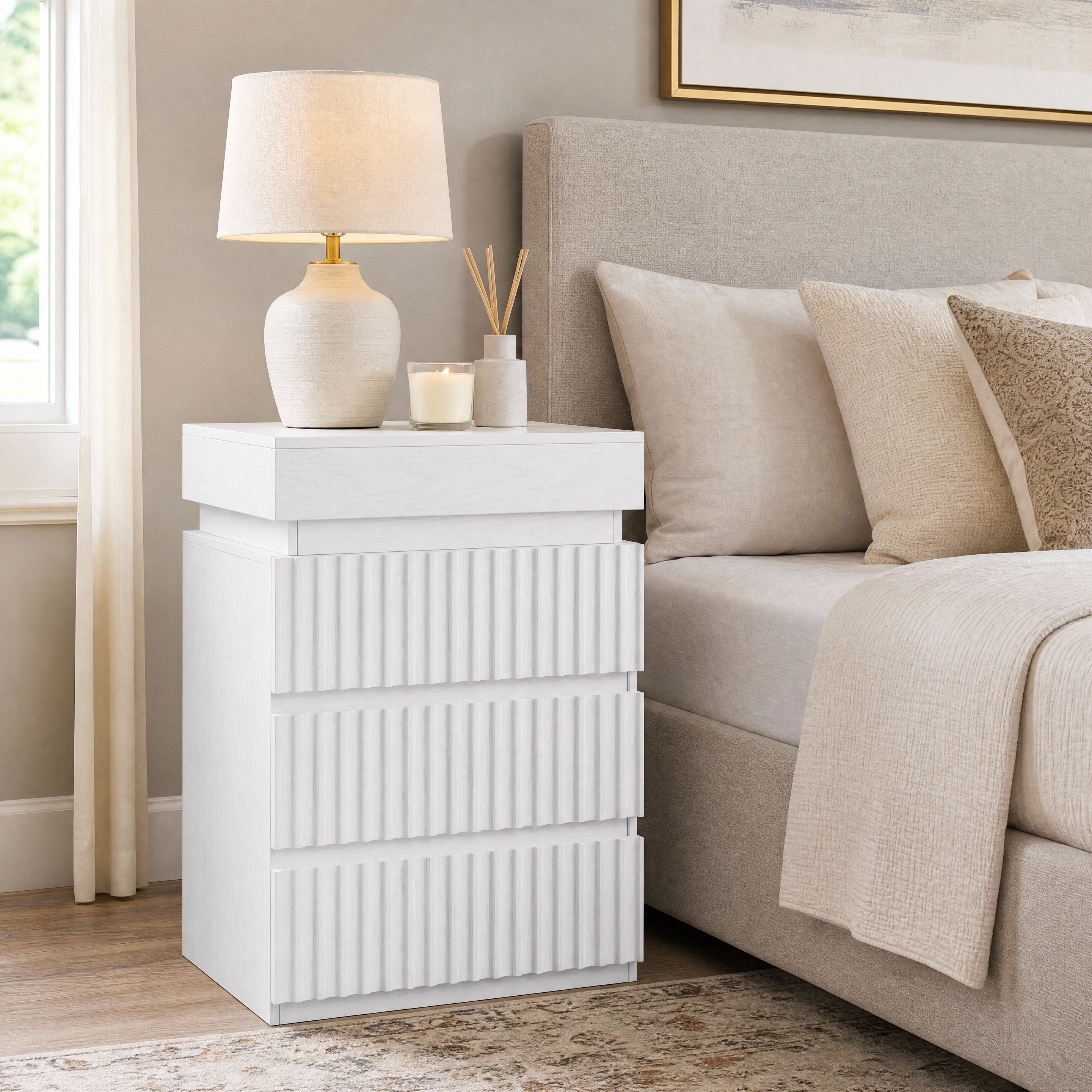 Hiphuta Set of 2 Nightstands with Charging Station, Wood End Table with 3 Drawers for Adult Bedroom Living Room, White