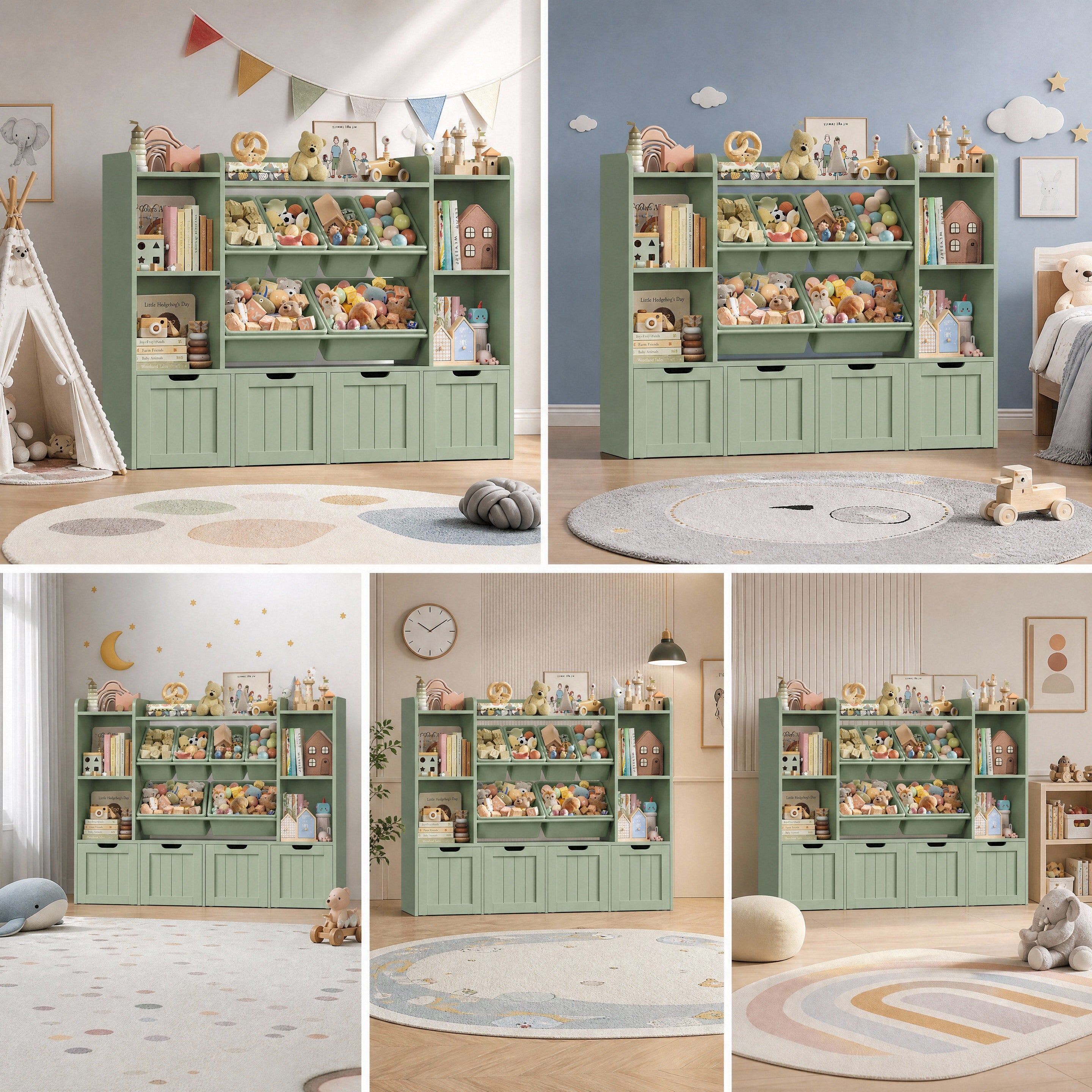 Hiphuta 3-tier 55"in Large Kids Bookcase with Toy Storage Organizer, Wood Toy Organizer of 6 Boxes & 4 Removable Drawers, Green