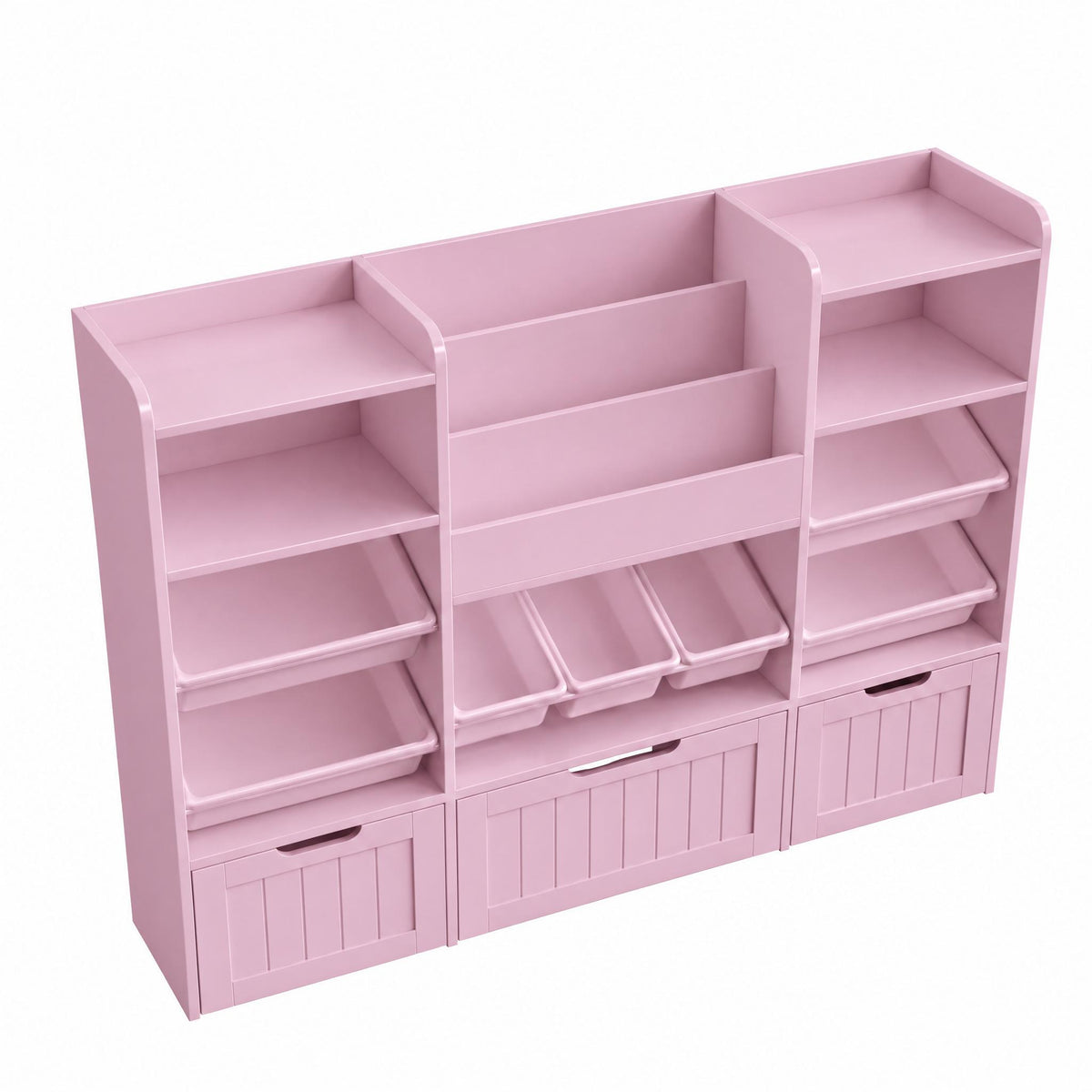 Hiphuta 56”W Kids Toy Storage Organizer with Bookshelf, 3 Removable Drawers & 7 Toy Boxes, Large Wood Toy Organizer for Playroom, Bedroom & Living Room, Pink