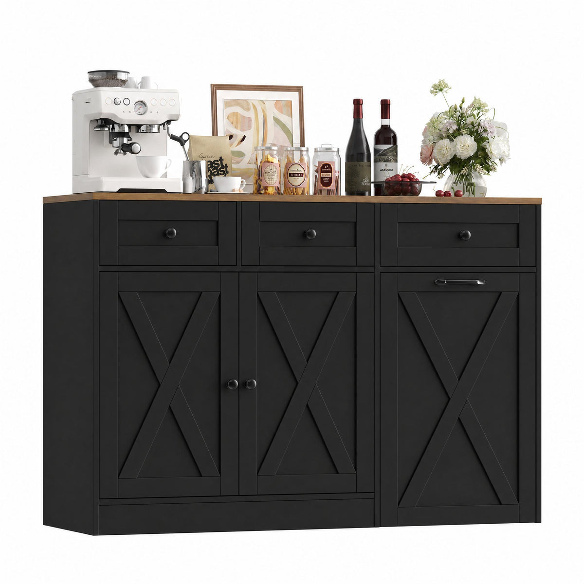 Hiphuta Trash Can Buffet Cabinet Fits 13 Gallon, 47"W Farmhouse Credenza Sideboard with Hidden Garbage Can Cabinet for Dining and Living Room, Black